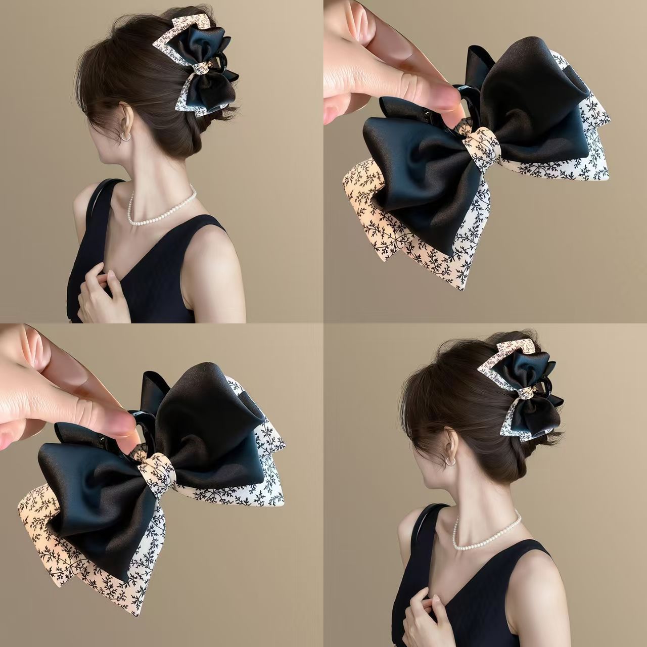 Retro Parisian high-end satin floral bow grabber 2025 new back plate shark clip ponytail clip detail image 3