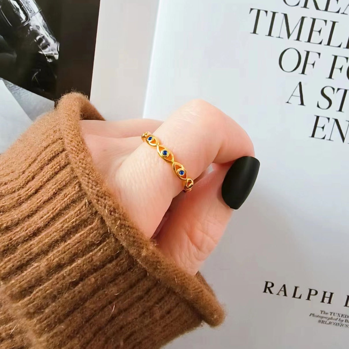 Korean style design sense, ins trendy fashion personality, Devil's Eye blue eye open ring, European and American horse eye index finger ring, silver ring, women's personality vintage silk ring accessory detail image 5