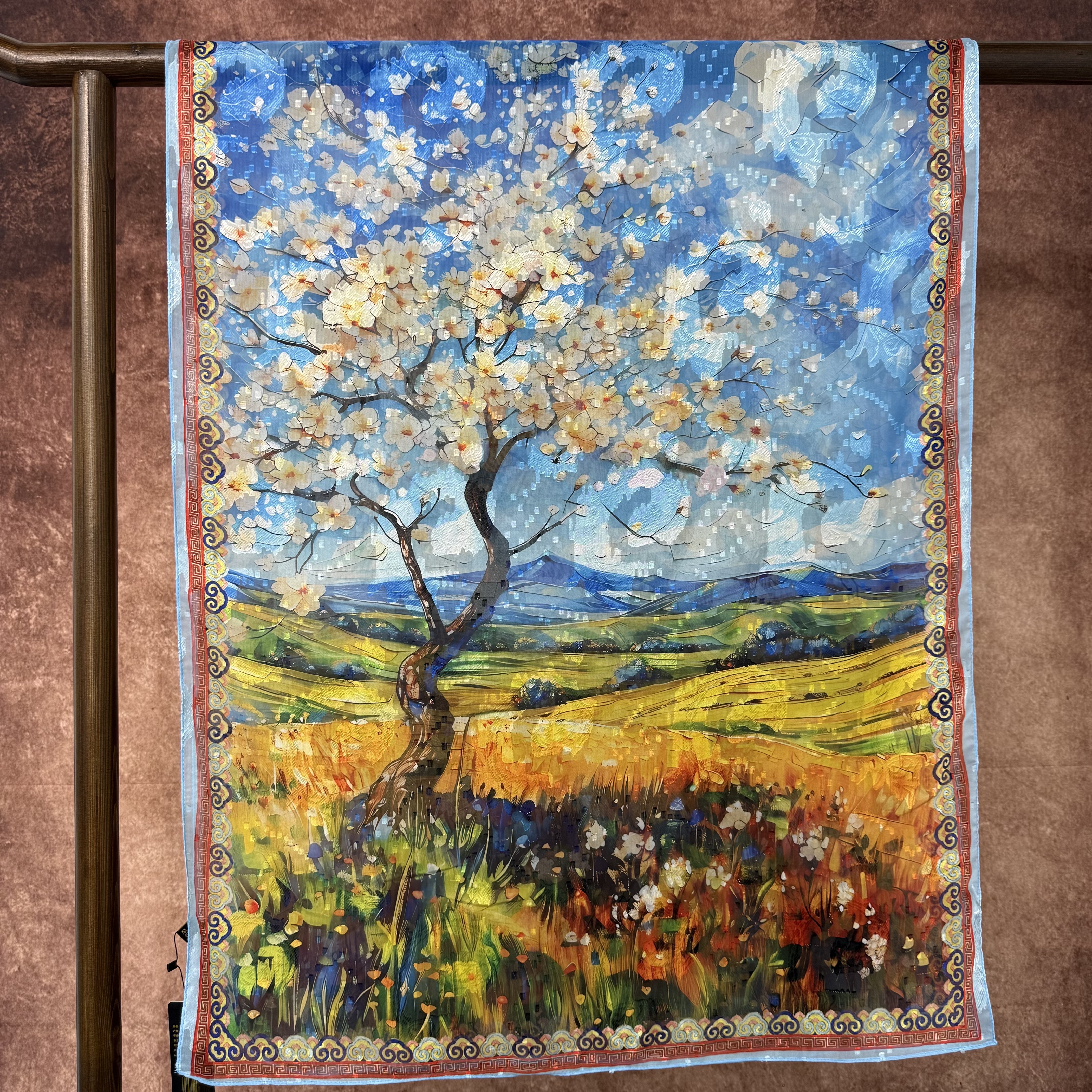 Apricot Blossom Branch New Chinese-style national style versatile oil painting style shawl Cut Flower long scarf 70*180