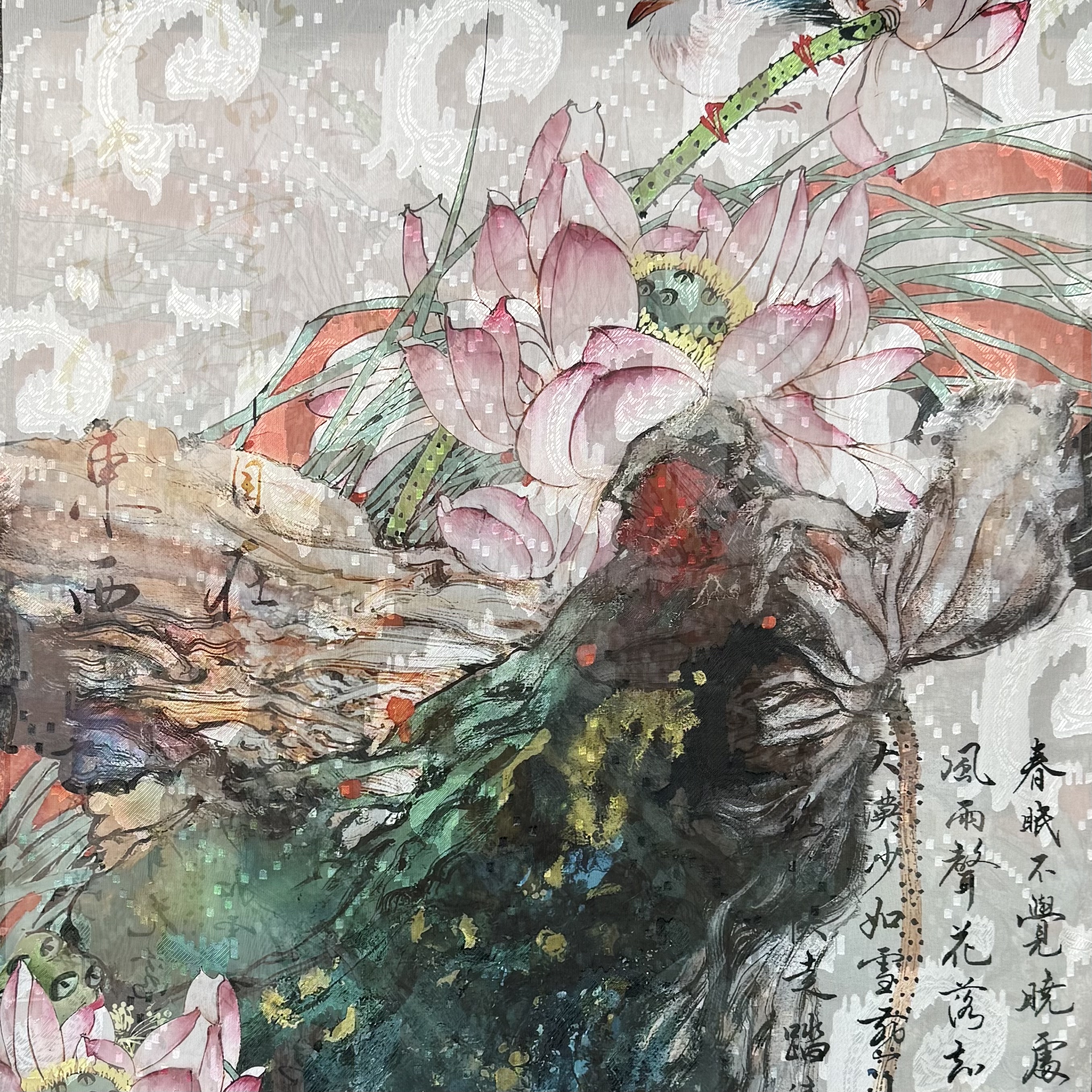 A new Chinese-style shawl and scarf with ink-wash lotus flowers, a long cut flower scarf of 70*180 details Picture