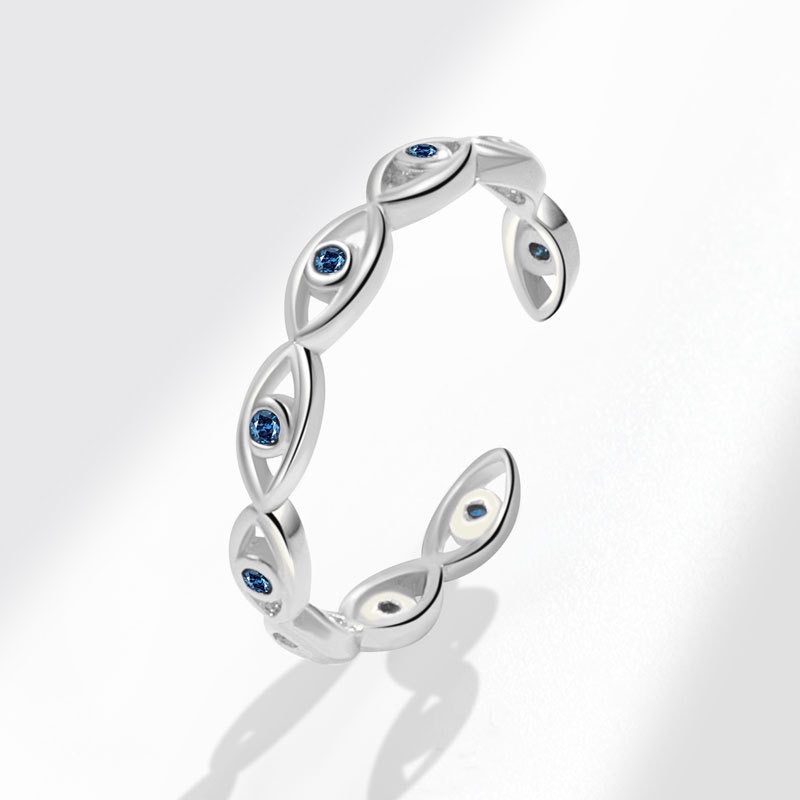 Korean style design sense, ins trendy fashion personality, Devil's Eye blue eye open ring, European and American horse eye index finger ring, silver ring, women's personality vintage silk ring accessory detail image 8