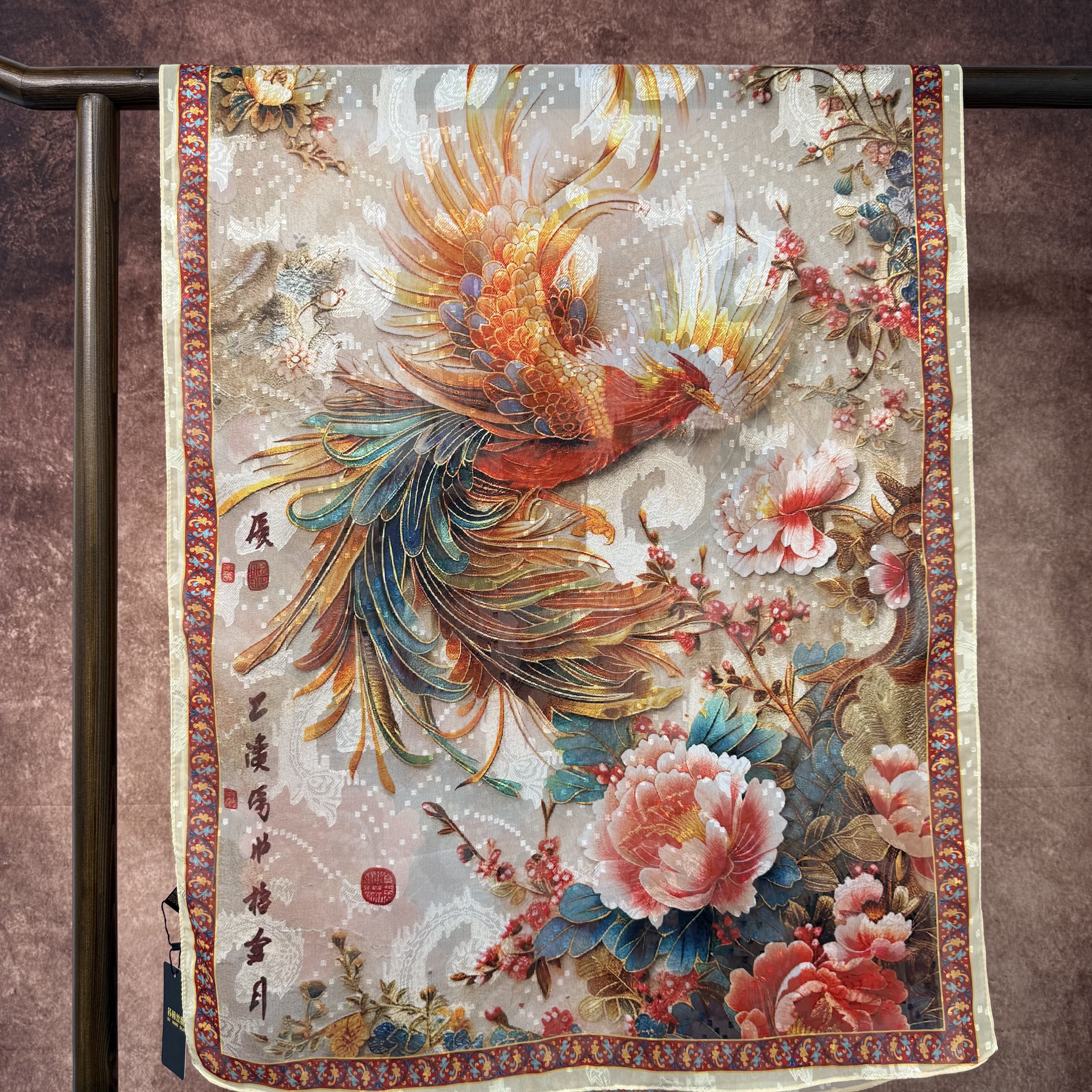 Phoenix Peony New Chinese-style national style versatile shawl and scarf Cut Flower Long Scarf 70*180