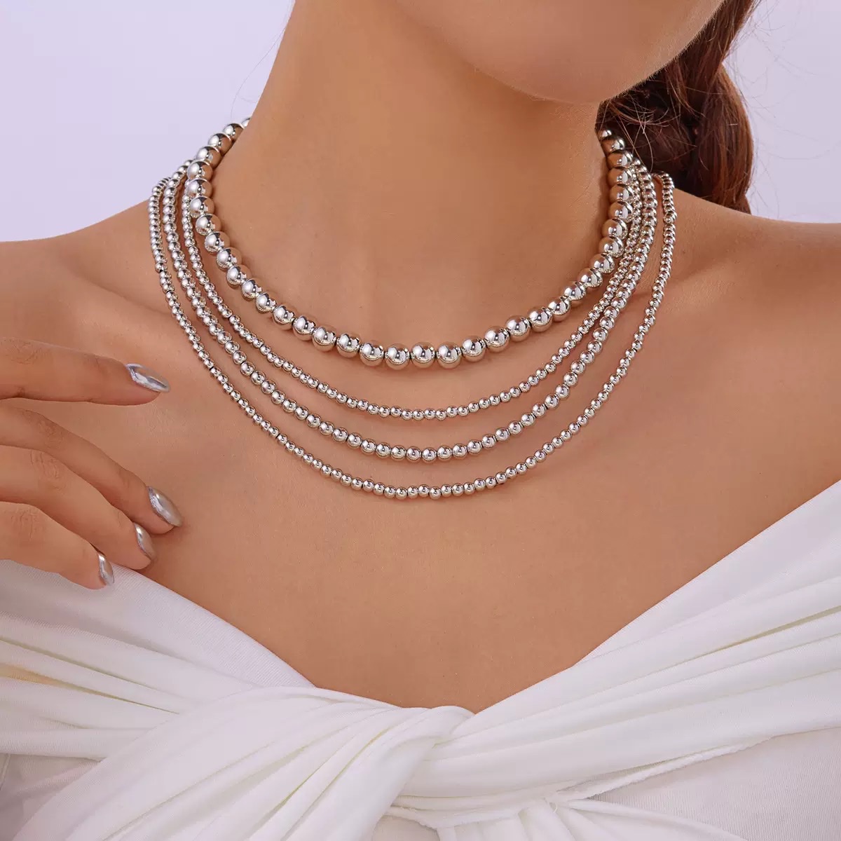 欧美跨境简约小众圆珠链条串珠多层叠戴项饰夸张女士项链手链套装项链首饰产品图