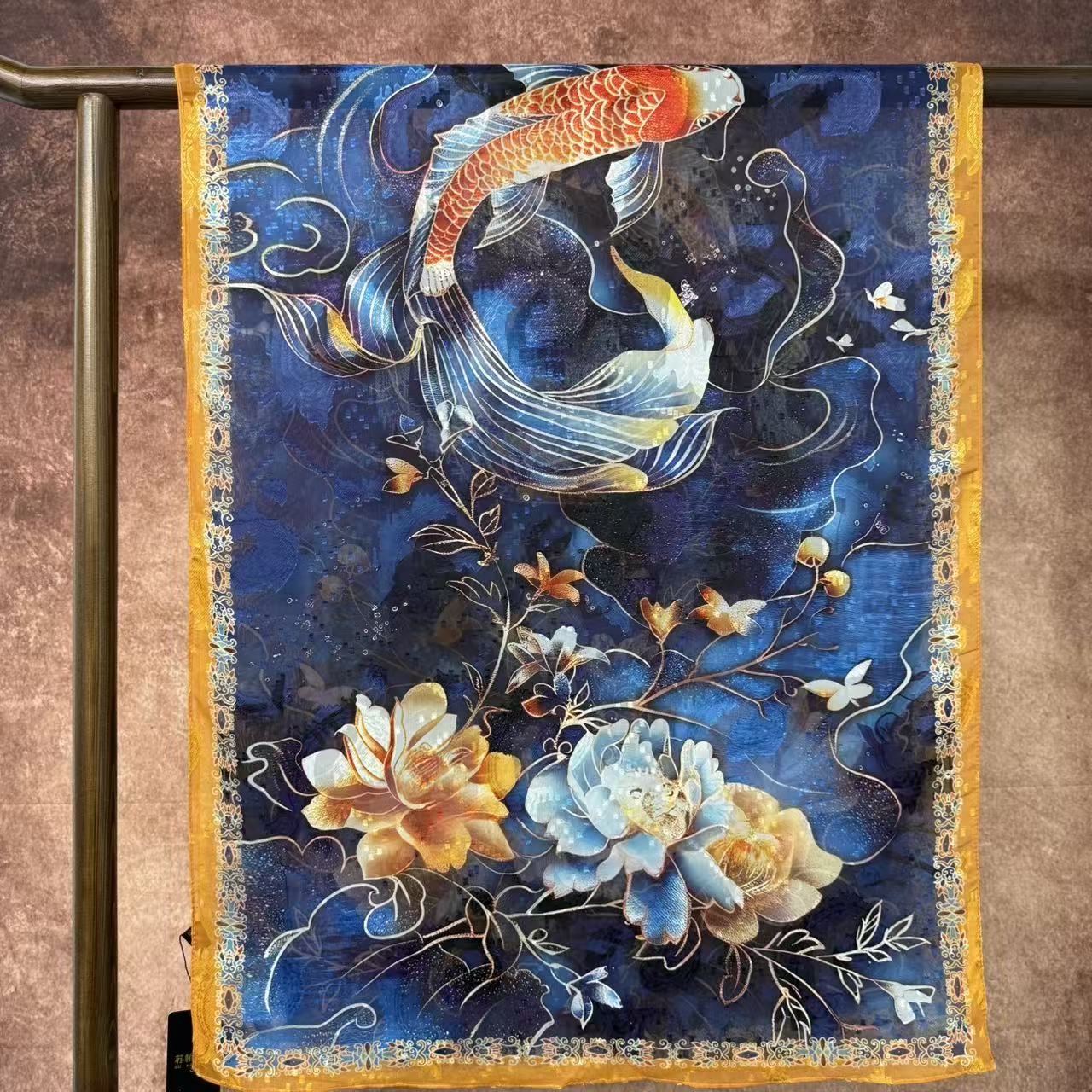 Koi new Chinese-style national style versatile shawl and scarf Cut flower long scarf 70*180