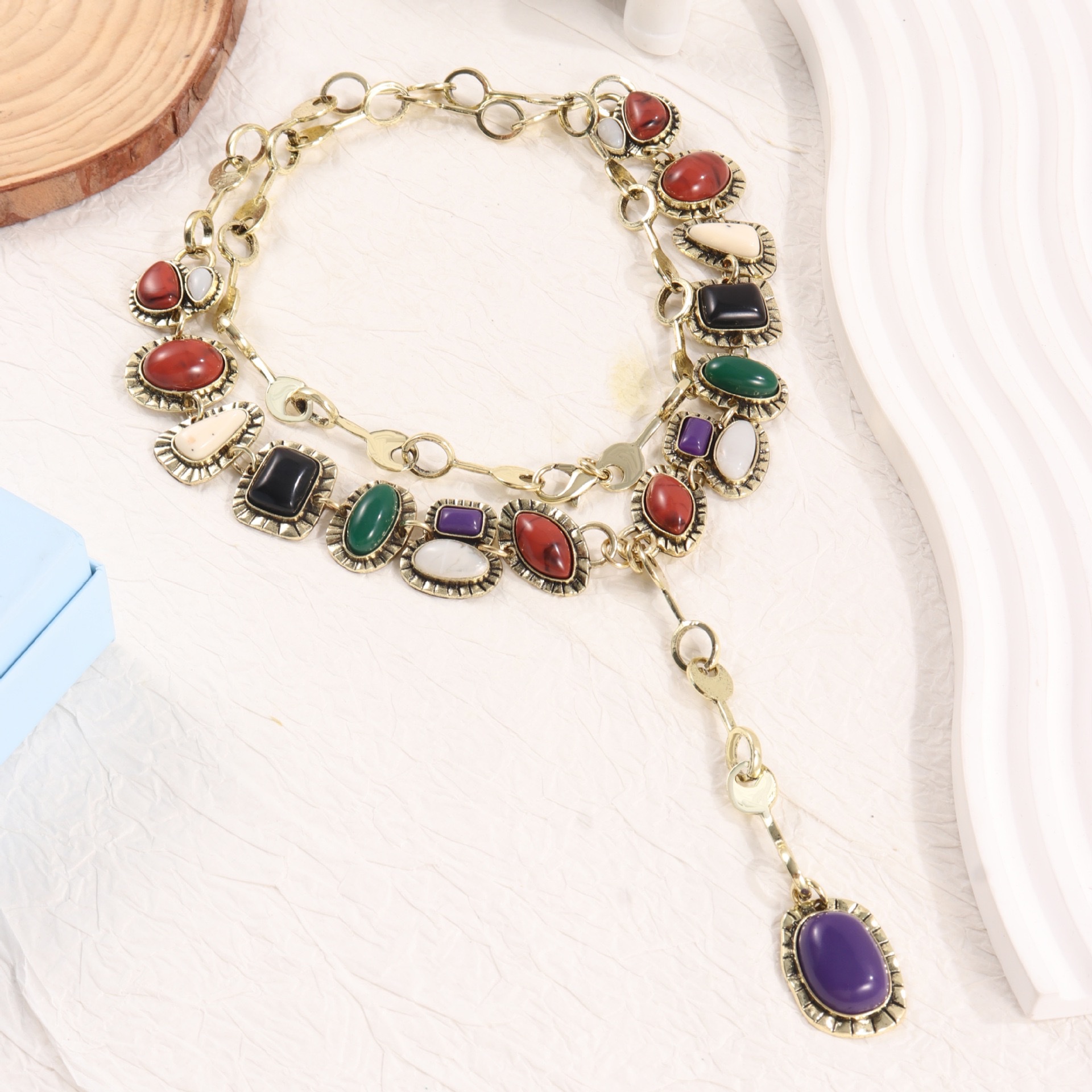 亚马逊跨热销境新款欧美风ZA同款复古金属镶宝石项链长款毛衣链女 中古拉丝戒指饰品项链女长款简约