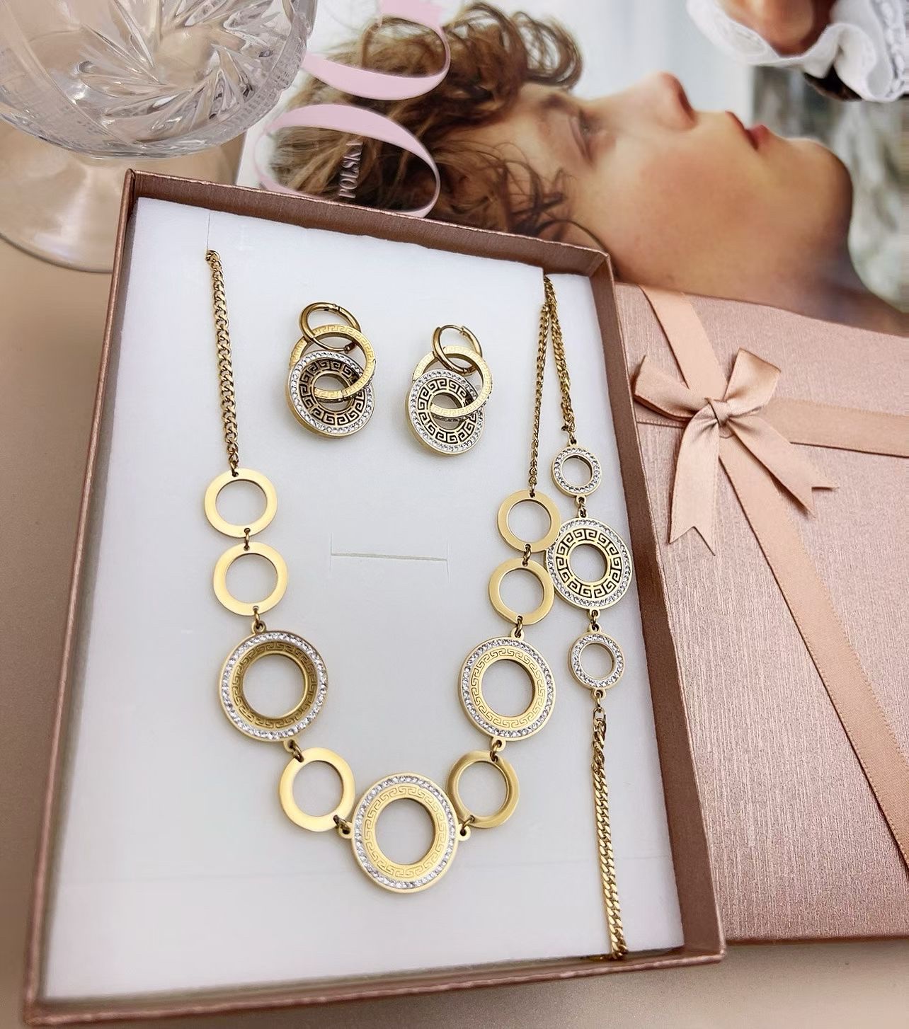 几何图腾圆环时尚锆石耳环耳饰手链项饰套装-简约个性女气质百搭饰品配饰
