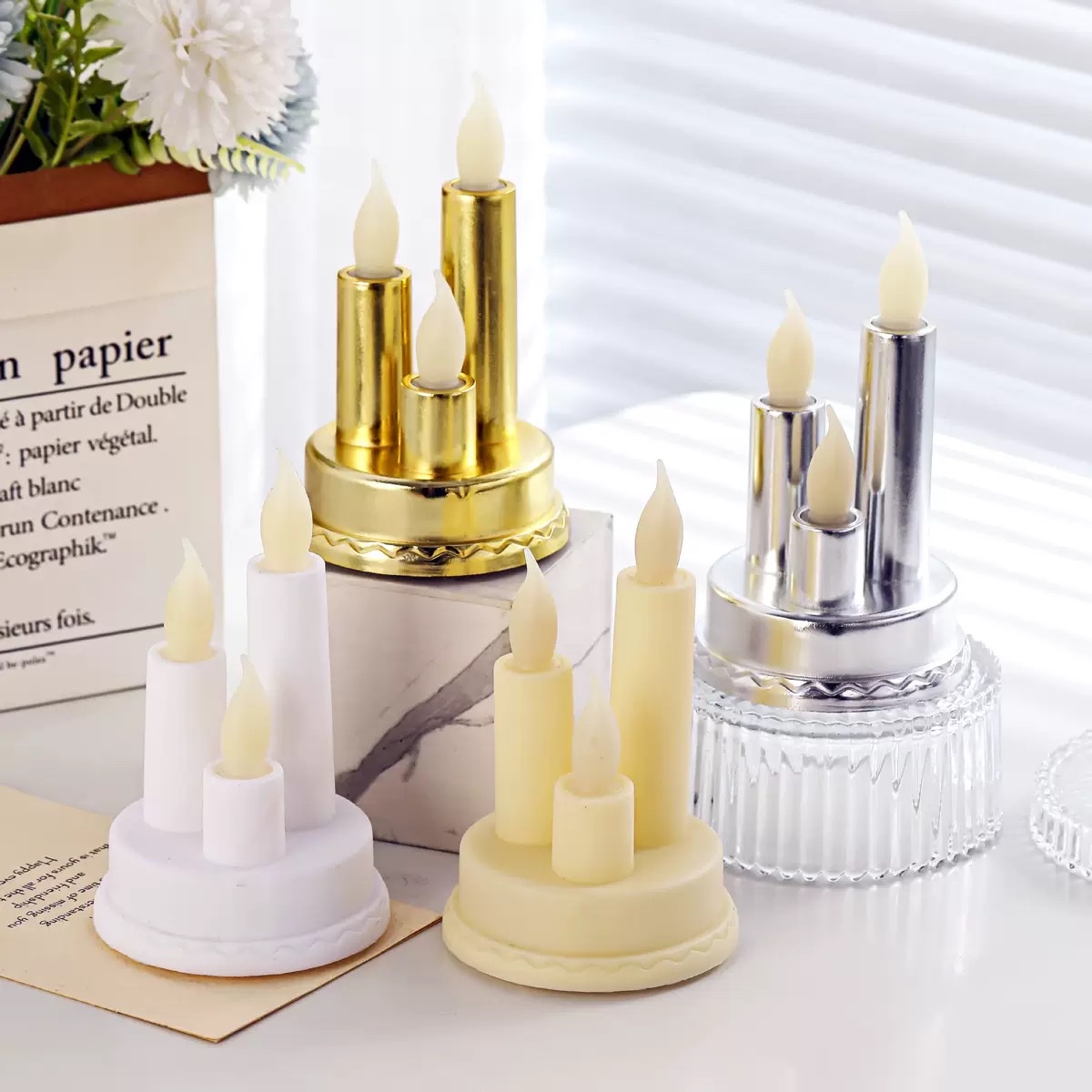 Cross-border retro three-headed candlestick led electronic candle acrylic cup wax romantic wedding Christmas decorative atmosphere light details Picture