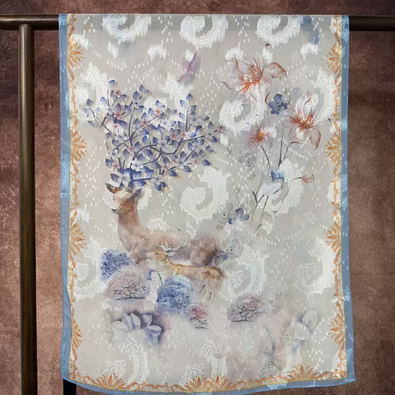 花开见鹿新中式国风百搭披肩围巾剪花长巾70*180