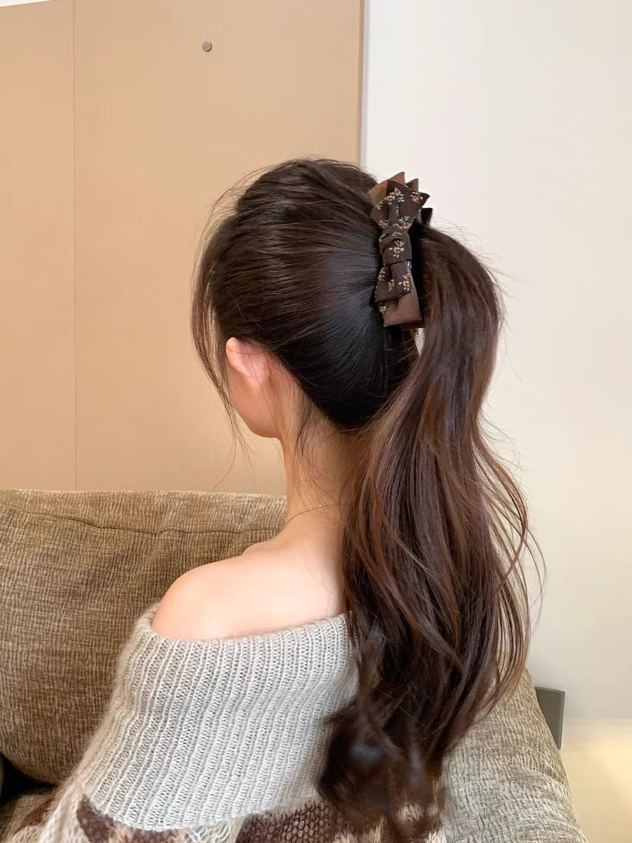 New floral double-layer bow banana clip for women's autumn and winter atmosphere, high-end back head clip, duckbill clip, children's hair clip and hair accessory Item Picture