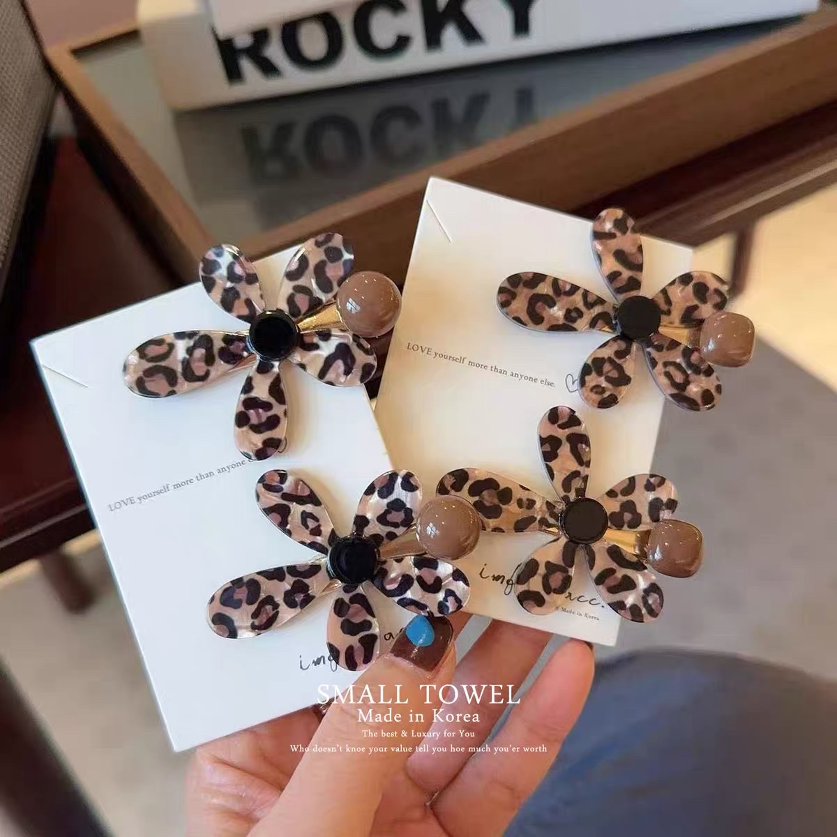 Imported high-end retro coffee-colored leopard print flower side clips, bangs, hair clips, hair accessories, children's hair clips, and duck bill clips from Dongdaemun, South Korea