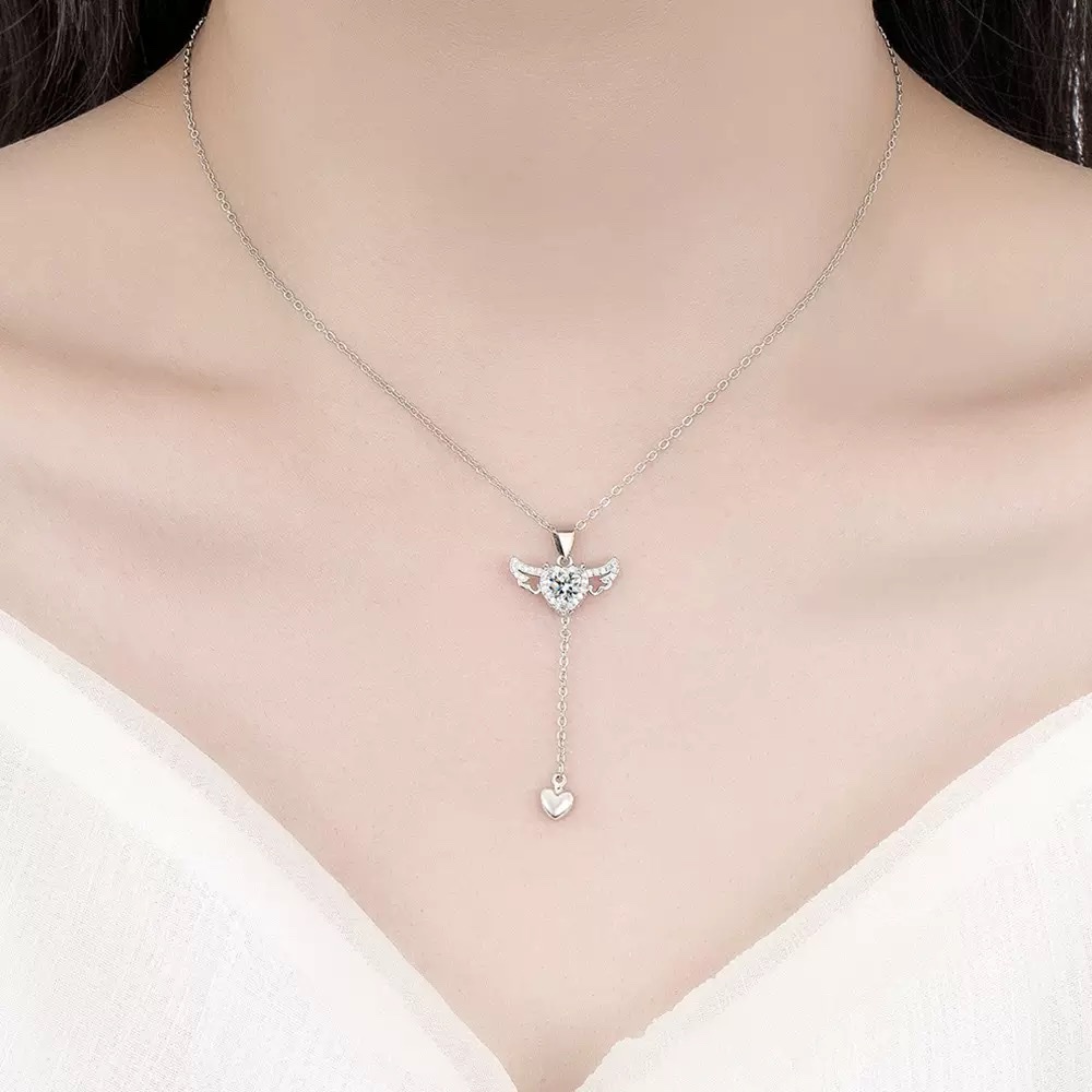 新款爆款风欧美时尚丘比特之心项链锆石女轻奢浪漫天使翅膀