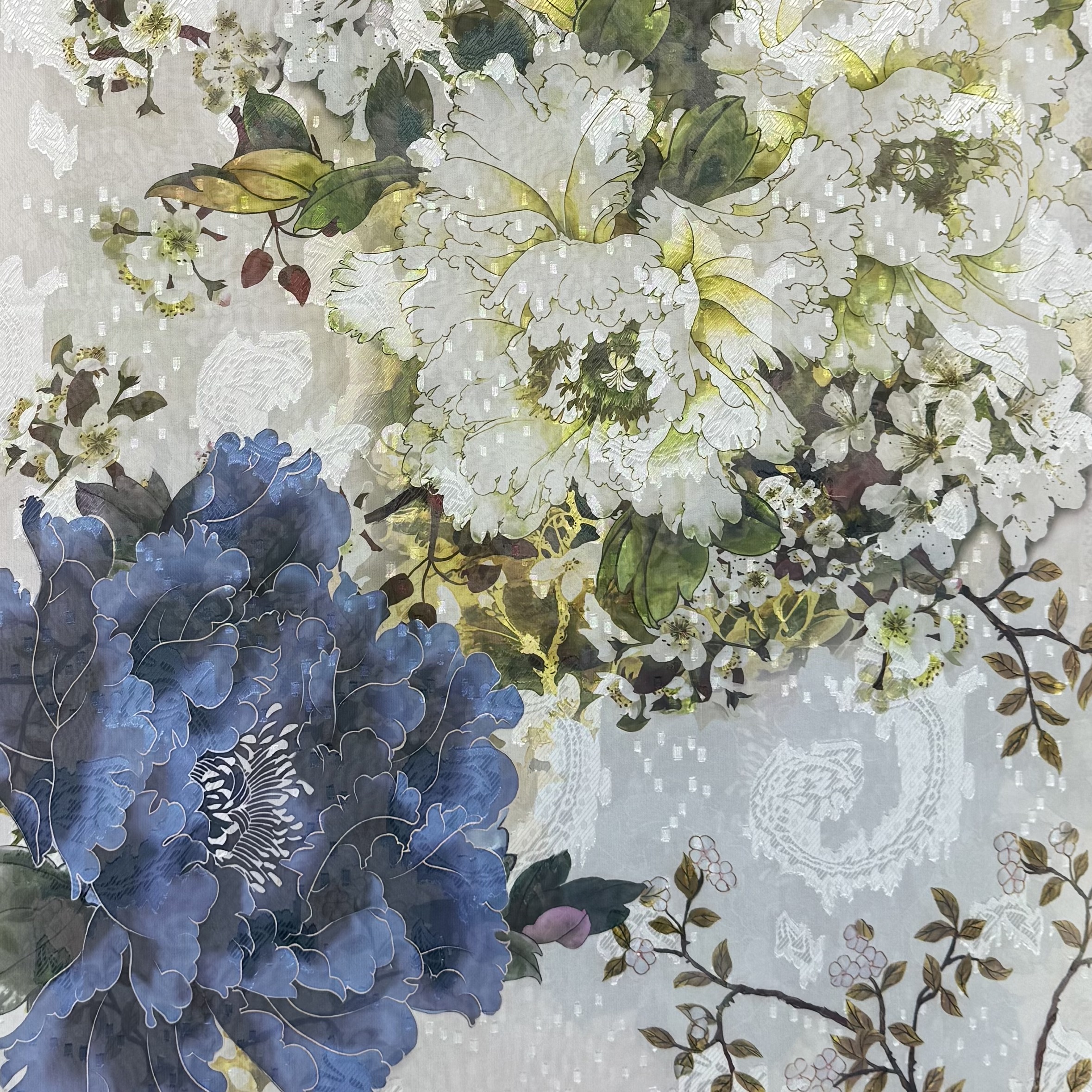 New Chinese-style shawl and scarf with blue and white peonies, long cut flower scarf, 70*180 details Picture