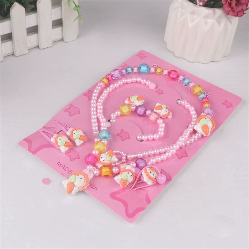 儿童首饰公主花朵项链手链套装发箍7件套装小女孩生日六一礼品白底实物图