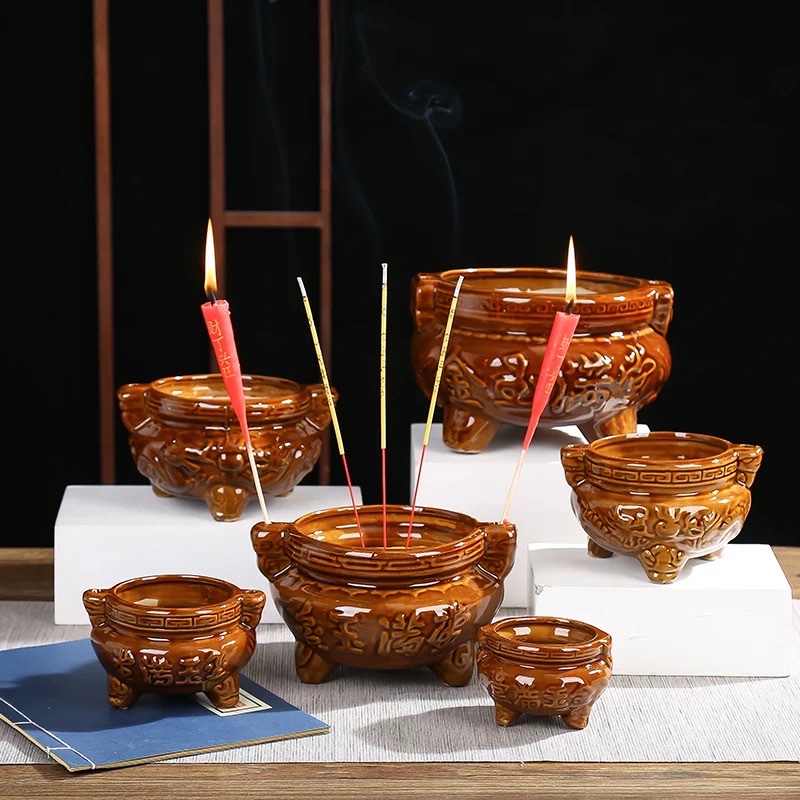 Ceramic small incense burner for home use, offering incense to Buddha, Guanyin, God of Wealth incense burner company, burning incense burner for home use, ceramic three-legged incense burner, indoor aroma diffuser bowl, outdoor small incense burner, incense holder, bronze color, double-ear three-legged large incense burner detail image 7