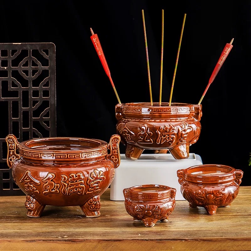 Ceramic small incense burner for home use, offering incense to Buddha, Guanyin, God of Wealth incense burner company, burning incense burner for home use, ceramic three-legged incense burner, indoor aroma diffuser bowl, outdoor small incense burner, incense holder, bronze color, double-ear three-legged large incense burner detail image 3