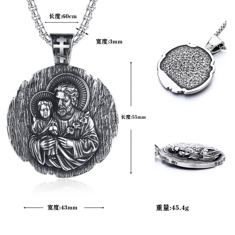 European and American retro pendant pendant figure holding a child, niche light luxury round plate commemorative medal titanium steel necklace, men's stainless steel necklace details Picture