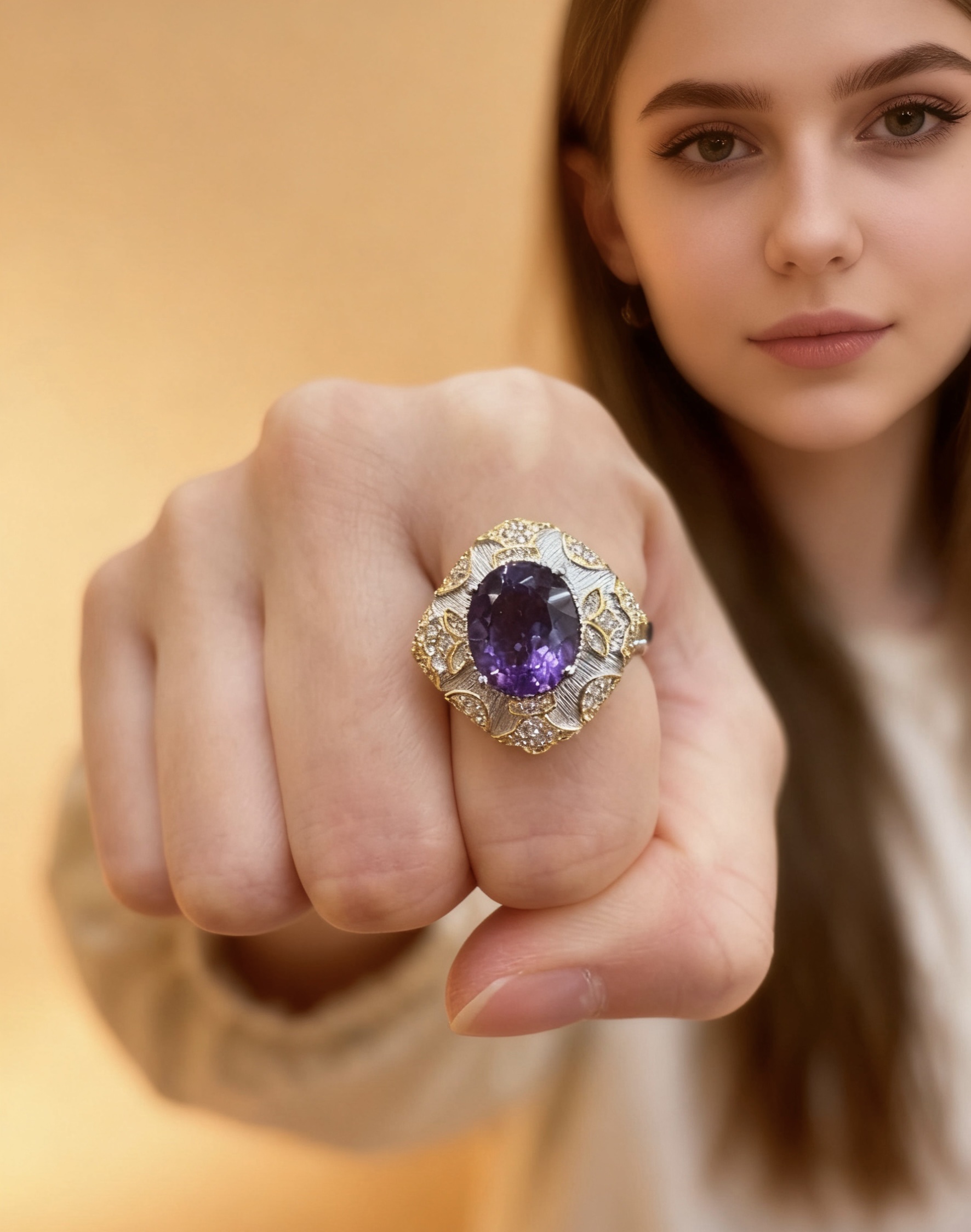 S925纯银镶嵌天然紫水晶戒指，意大利工艺，中古拉丝戒指饰品