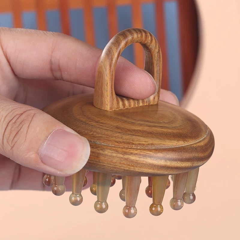 绿檀木羊角插齿梳按摩梳粗齿头部经络梳全身按摩经络刮痧养发梳子