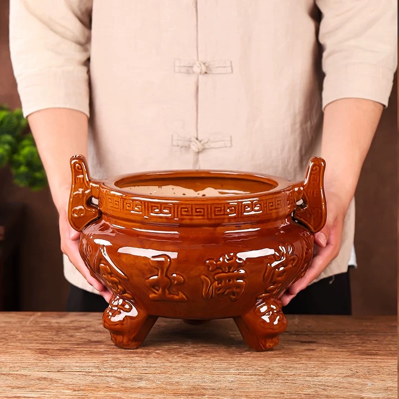 Ceramic small incense burner for home use, offering incense to Buddha, Guanyin, God of Wealth incense burner company, burning incense burner for home use, ceramic three-legged incense burner, indoor aroma diffuser bowl, outdoor small incense burner, incense holder, bronze color, double-ear three-legged large incense burner detail image 10