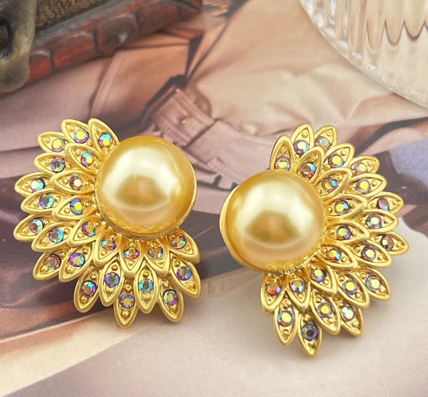 法式中古vintage珍珠镶钻孔雀尾耳钉项链复古时尚女耳环饰品