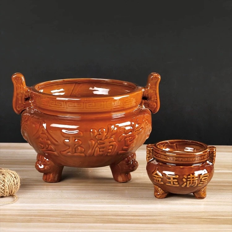 Ceramic small incense burner for home use, offering incense to Buddha, Guanyin, God of Wealth incense burner company, burning incense burner for home use, ceramic three-legged incense burner, indoor aroma diffuser bowl, outdoor small incense burner, incense holder, bronze color, double-ear three-legged large incense burner details Picture