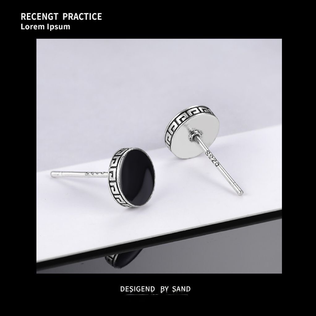 Great Wall pattern pure silver earrings for men, 2025 new trendy single earrings for women, trendy and individual men's style, internet-famous stud earrings, men's accessories, stud earrings, hip-hop accessories, silver earrings detail image 3