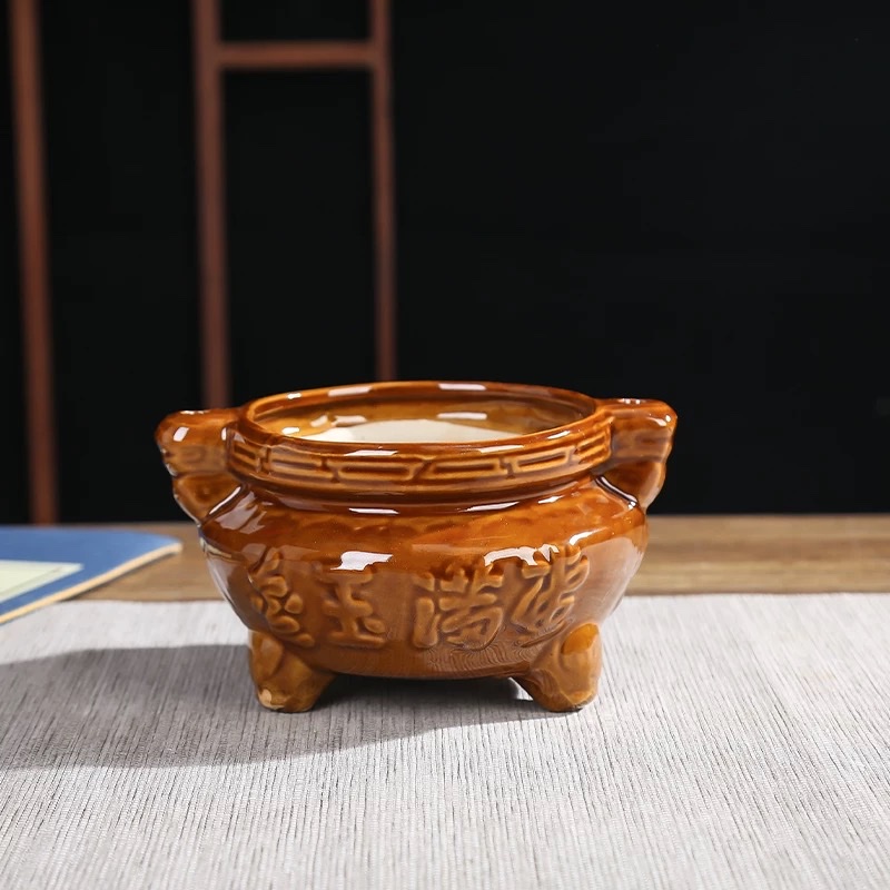 Ceramic small incense burner for home use, offering incense to Buddha, Guanyin, God of Wealth incense burner company, burning incense burner for home use, ceramic three-legged incense burner, indoor aroma diffuser bowl, outdoor small incense burner, incense holder, bronze color, double-ear three-legged large incense burner Specification image