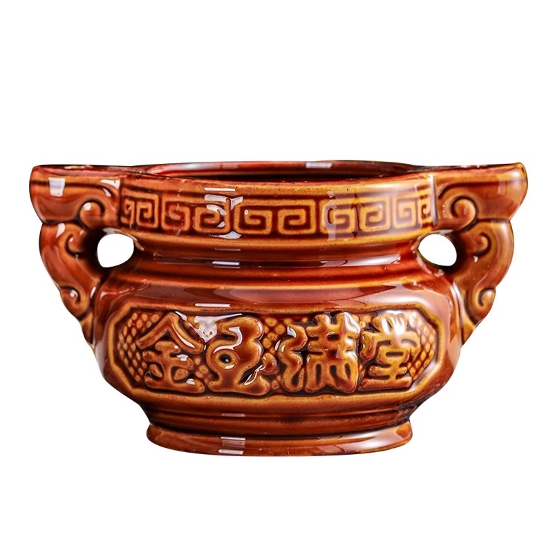 Ceramic small incense burner for home use, offering incense to Buddha, Guanyin, God of Wealth incense burner company, burning incense burner for home use, ceramic three-legged incense burner, indoor aroma diffuser bowl, outdoor small incense burner, incense holder, bronze color, double-ear three-legged large incense burner Application Scenario
