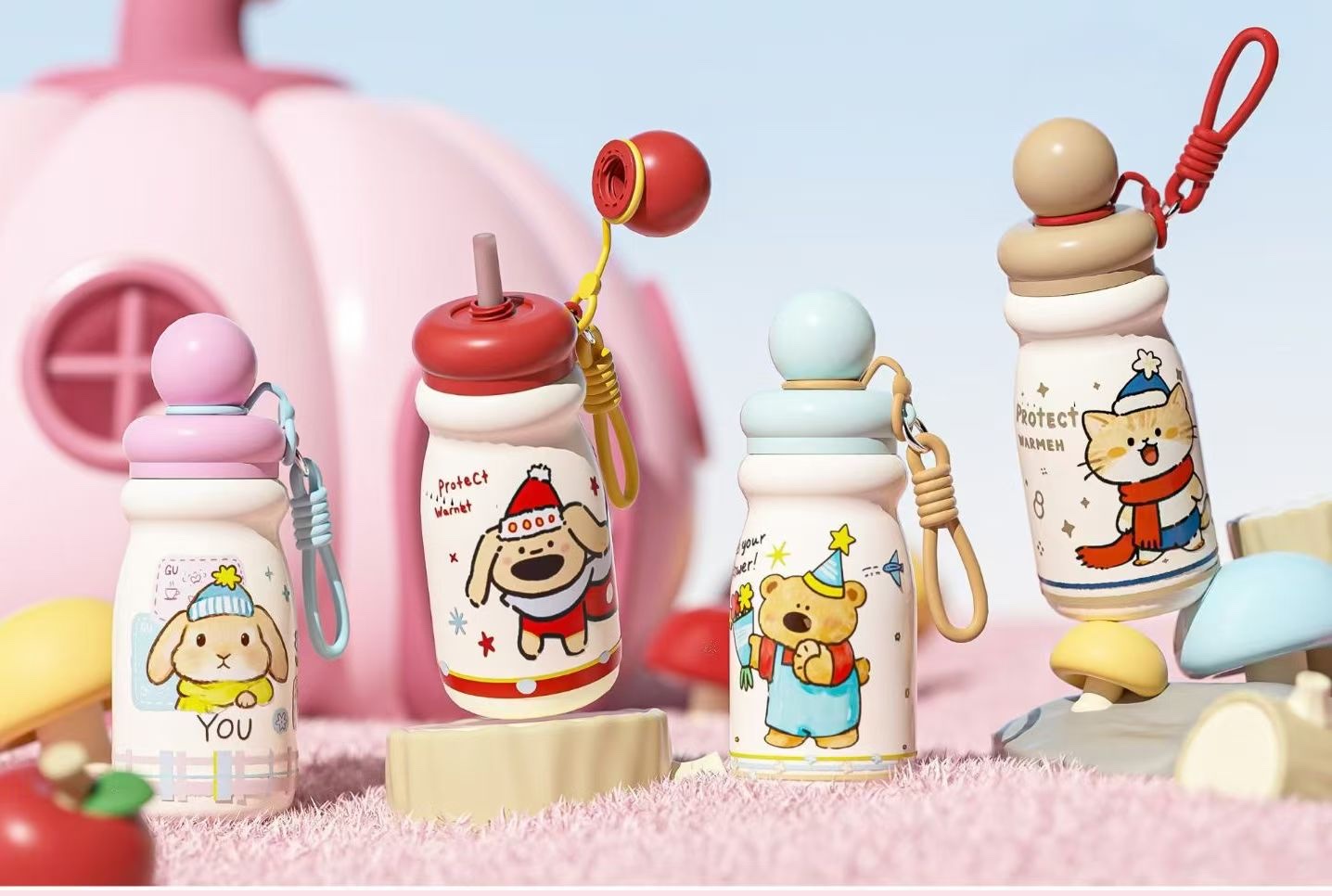 Children's insulated cups, cute cartoon and anime, high-quality handle portable coffee teapots, outdoor camping equipment