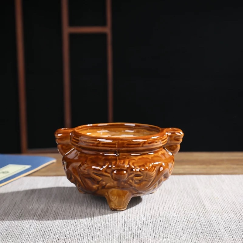 Ceramic small incense burner for home use, offering incense to Buddha, Guanyin, God of Wealth incense burner company, burning incense burner for home use, ceramic three-legged incense burner, indoor aroma diffuser bowl, outdoor small incense burner, incense holder, bronze color, double-ear three-legged large incense burner detail image 9