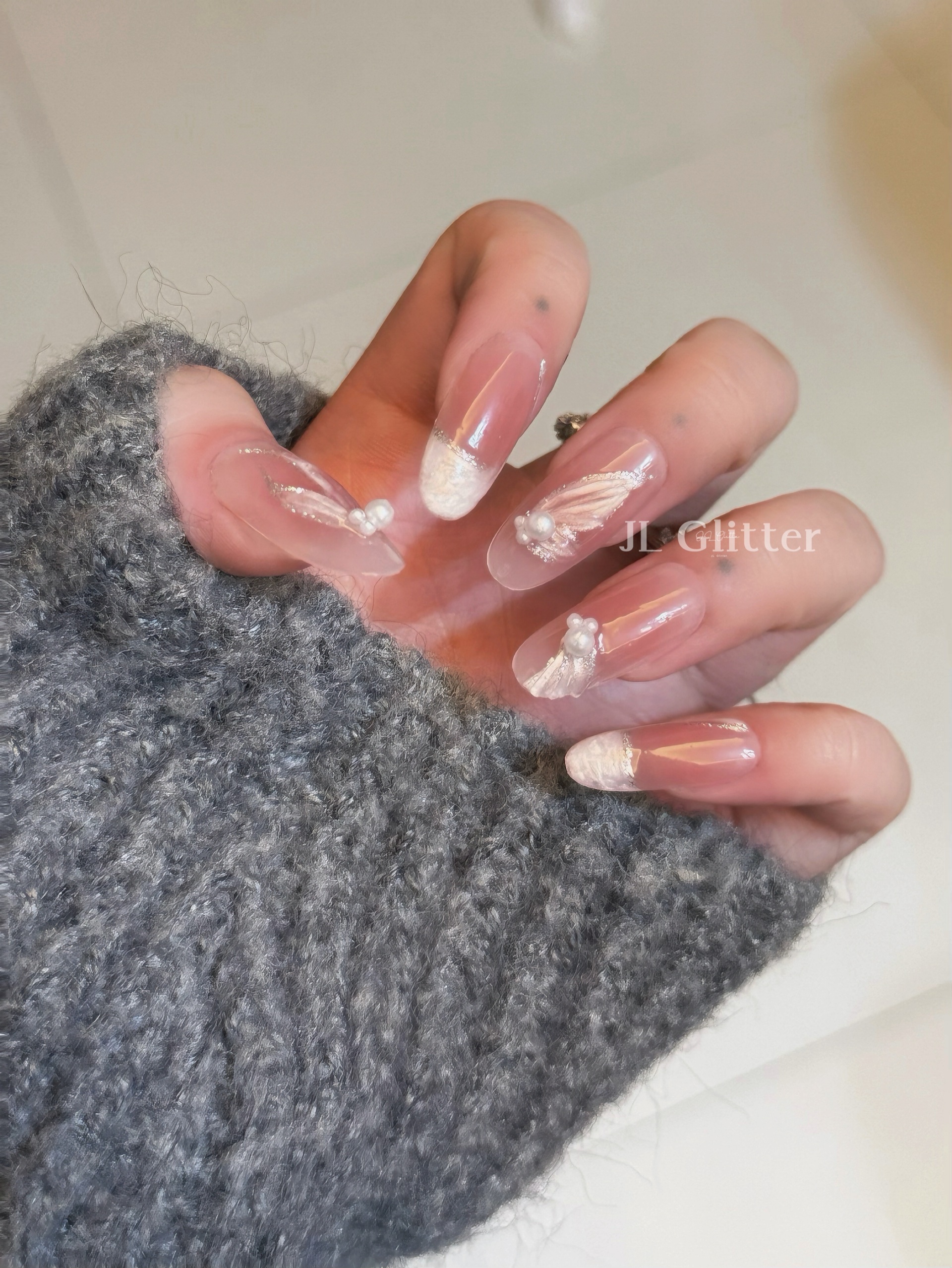 JL Glitter Blush, pure handcrafted wearing armor, three-dimensional fishtail nail art, unique pearl gentle style wearing armor detail image 5