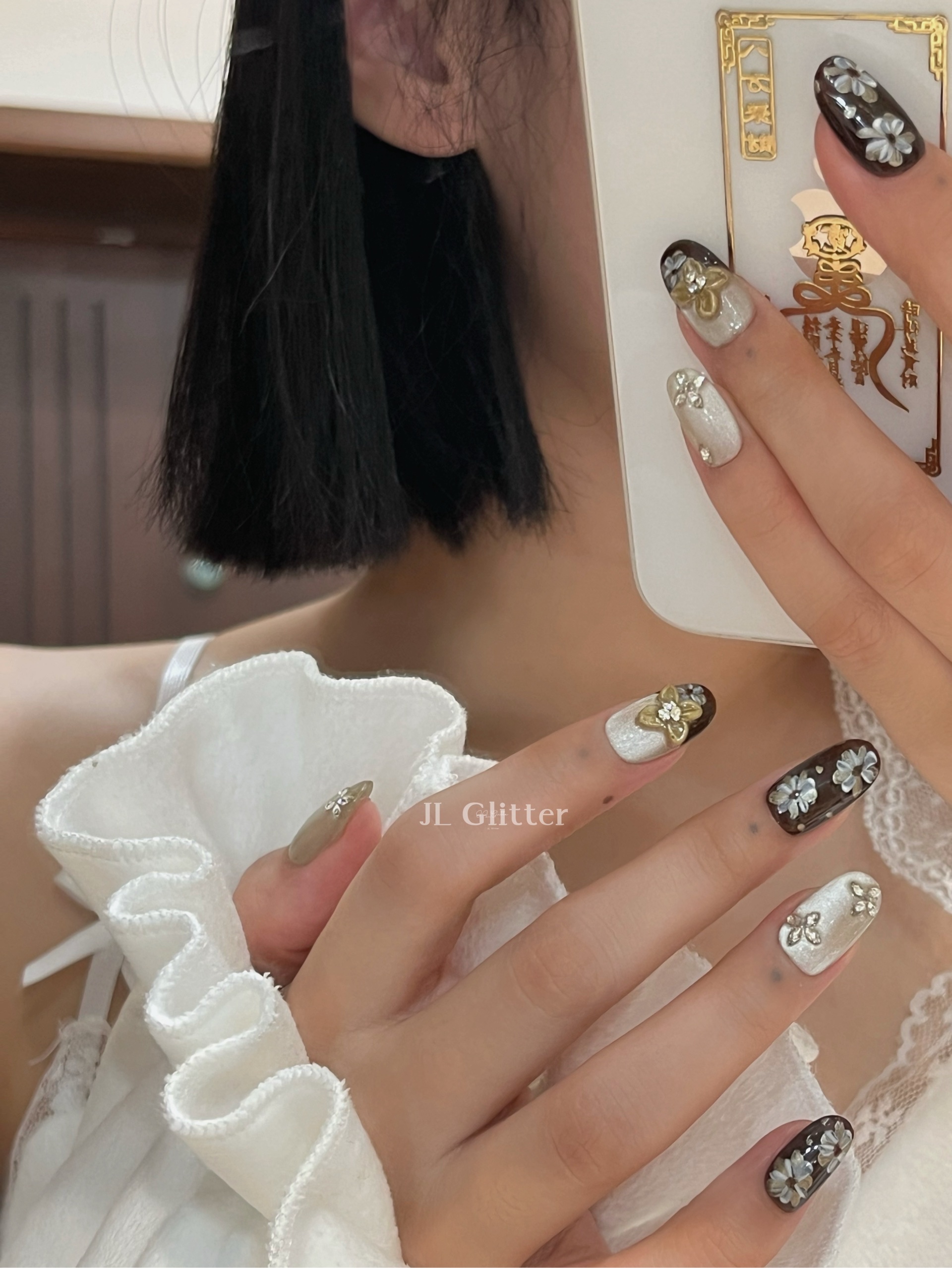 JL Glitter handcrafted wearable Armor: Shiny cat-eye small flower nail art, three-dimensional carved high-end whitening wearable armor