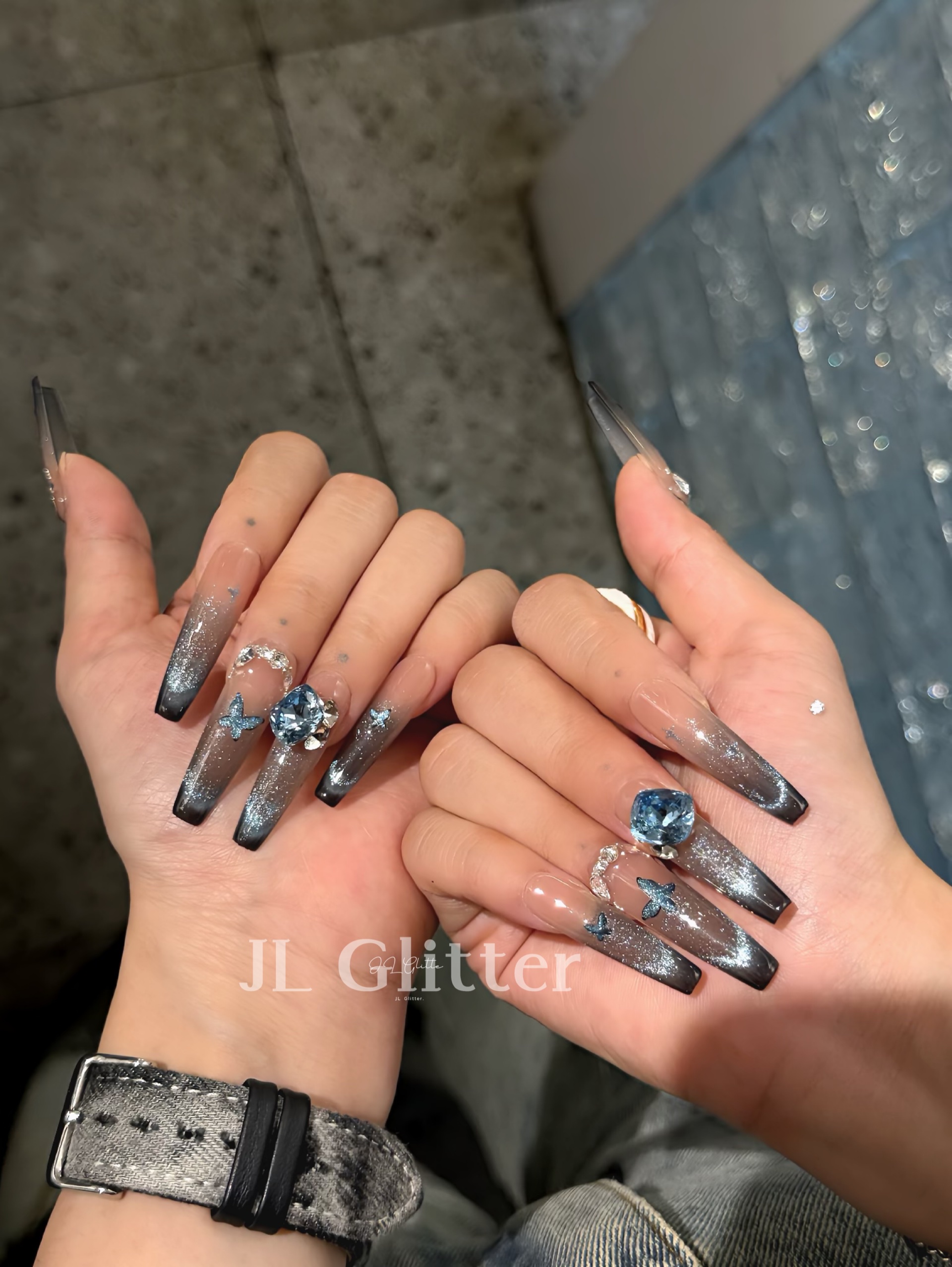 JL Glitter Long handcrafted wearable armor, cat-eye butterfly light luxury bright diamond nail art, high-end wearable armor for hot girls detail image 4