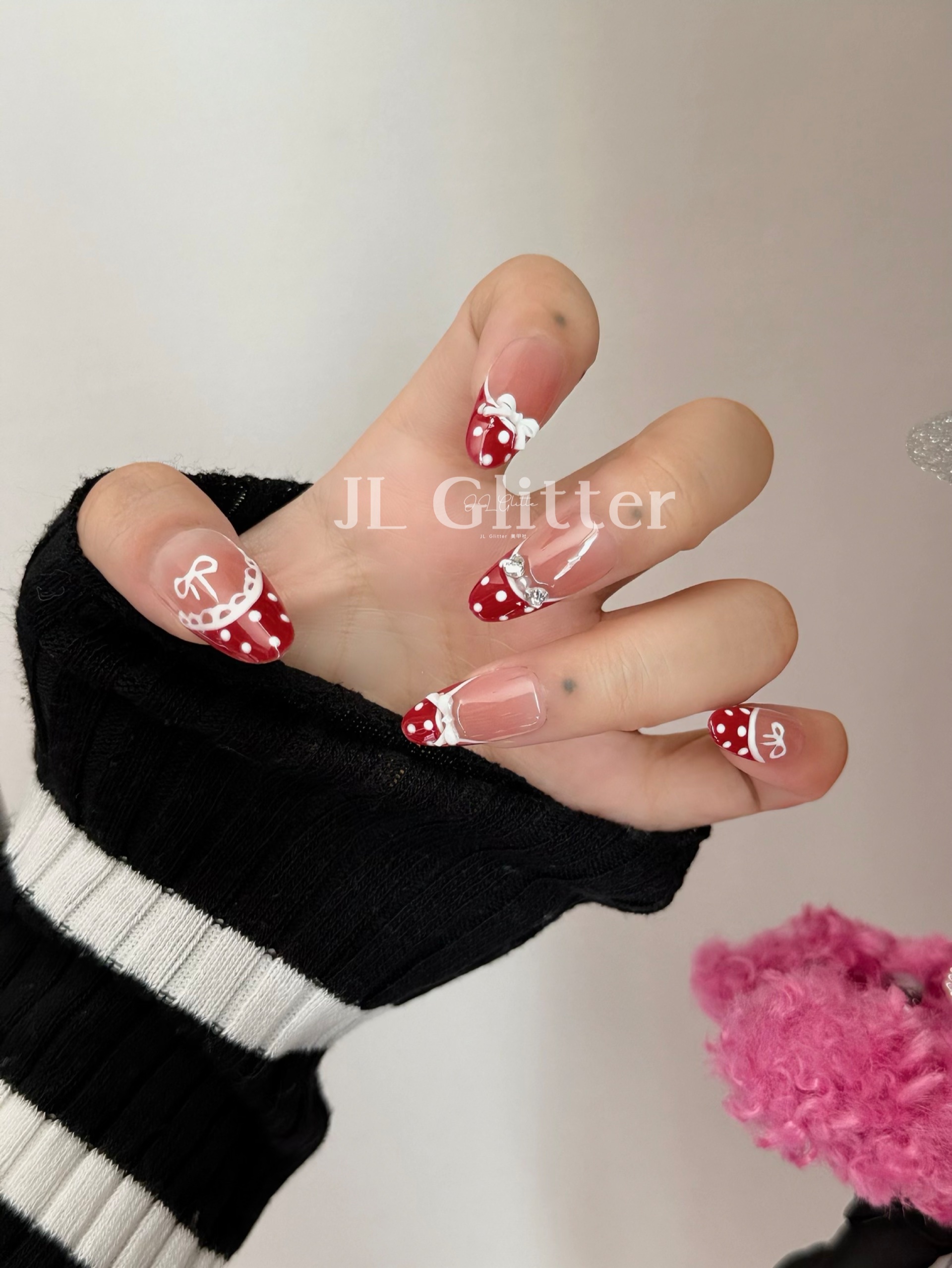 JL Glitter's new handcrafted wearable armor, French polka dot AB style nail bow wearable armor detail image 6