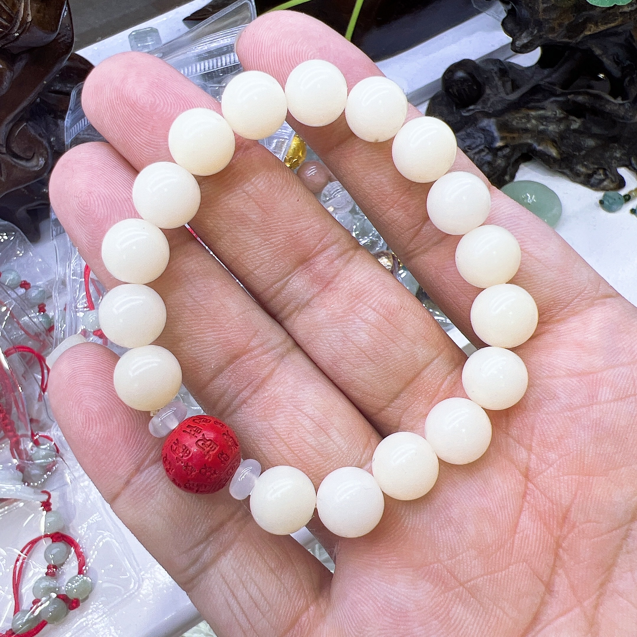 White jade Bodhi bracelet, natural white jade Bodhi root, men's and women's cultural play bracelet, prayer beads, cinnabar, abundant wealth Specification image