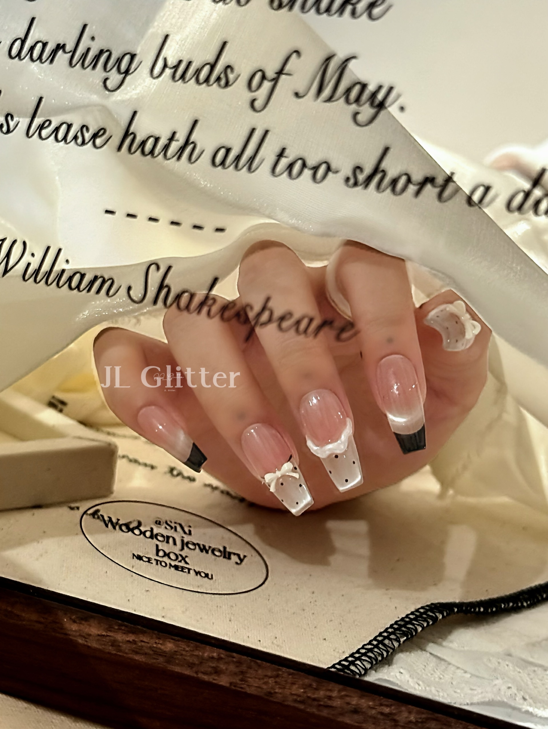 JL Glitter's elegant, handcrafted armor, French polka dot whitening nail art, gentle bow armor detail image 5