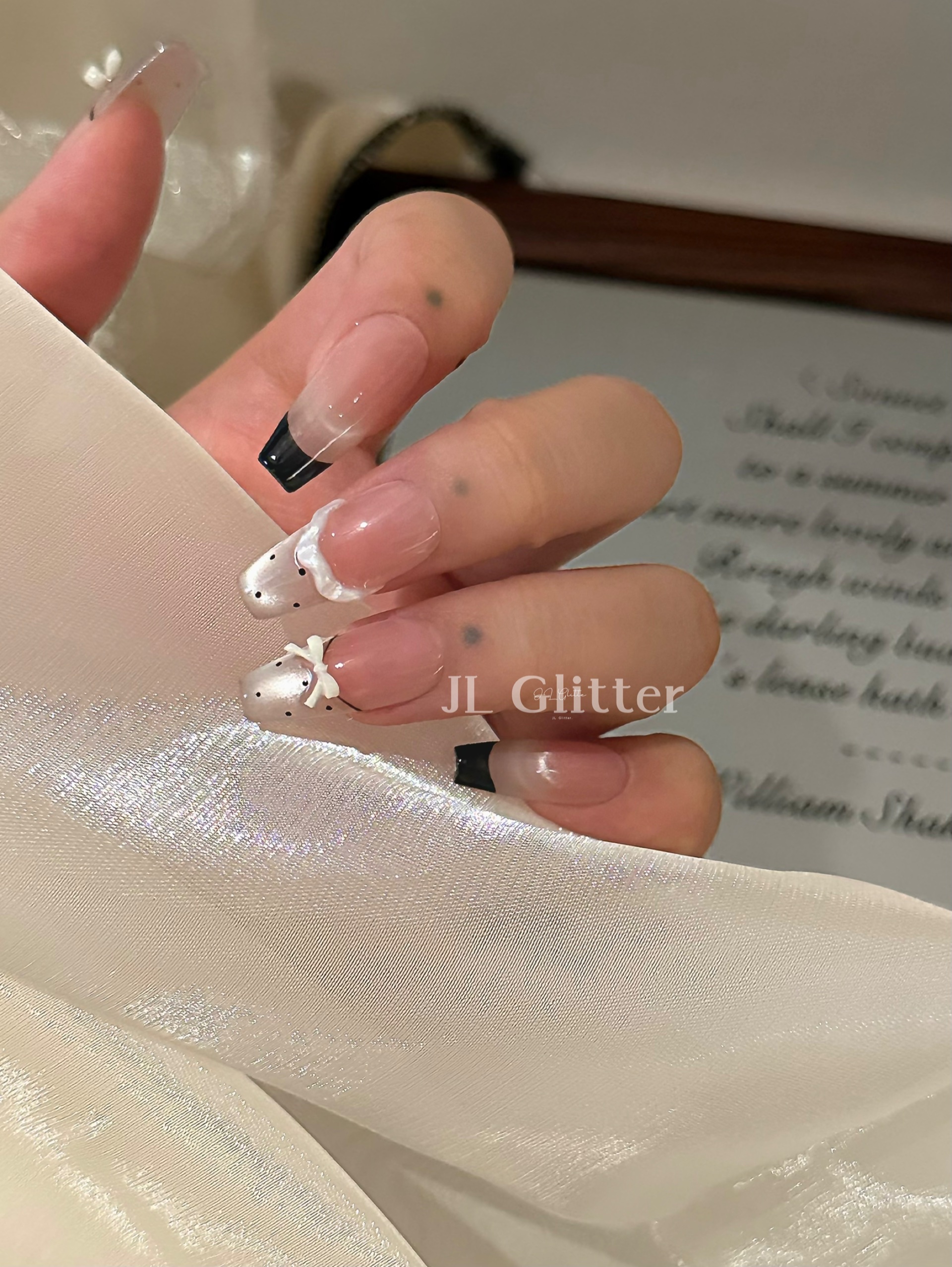 JL Glitter's elegant, handcrafted armor, French polka dot whitening nail art, gentle bow armor detail image 7
