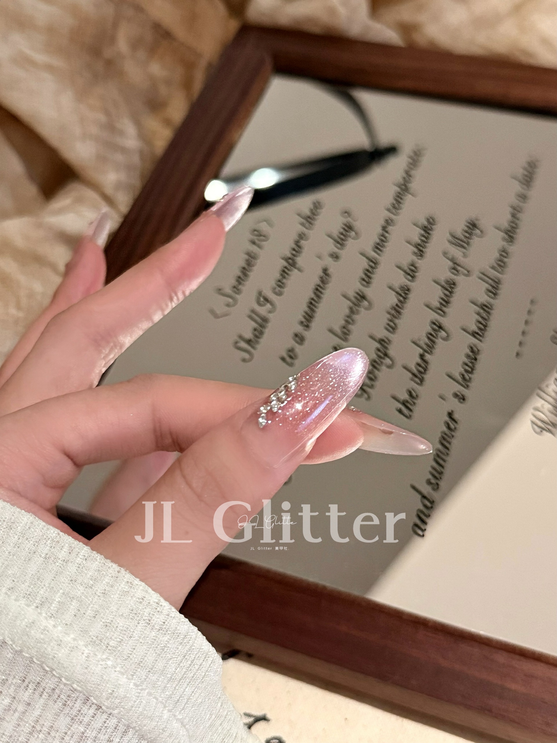 JL Glitter's new pure handcrafted wearable nail with French bow and small diamonds, gentle and ins whitening nail art detail image 6