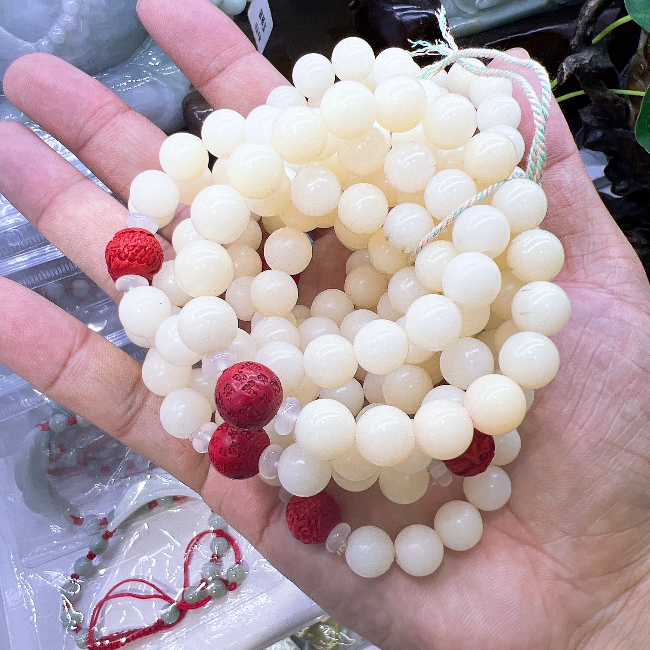 White jade Bodhi bracelet, natural white jade Bodhi root, men's and women's cultural play bracelet, prayer beads, cinnabar, abundant wealth details Picture