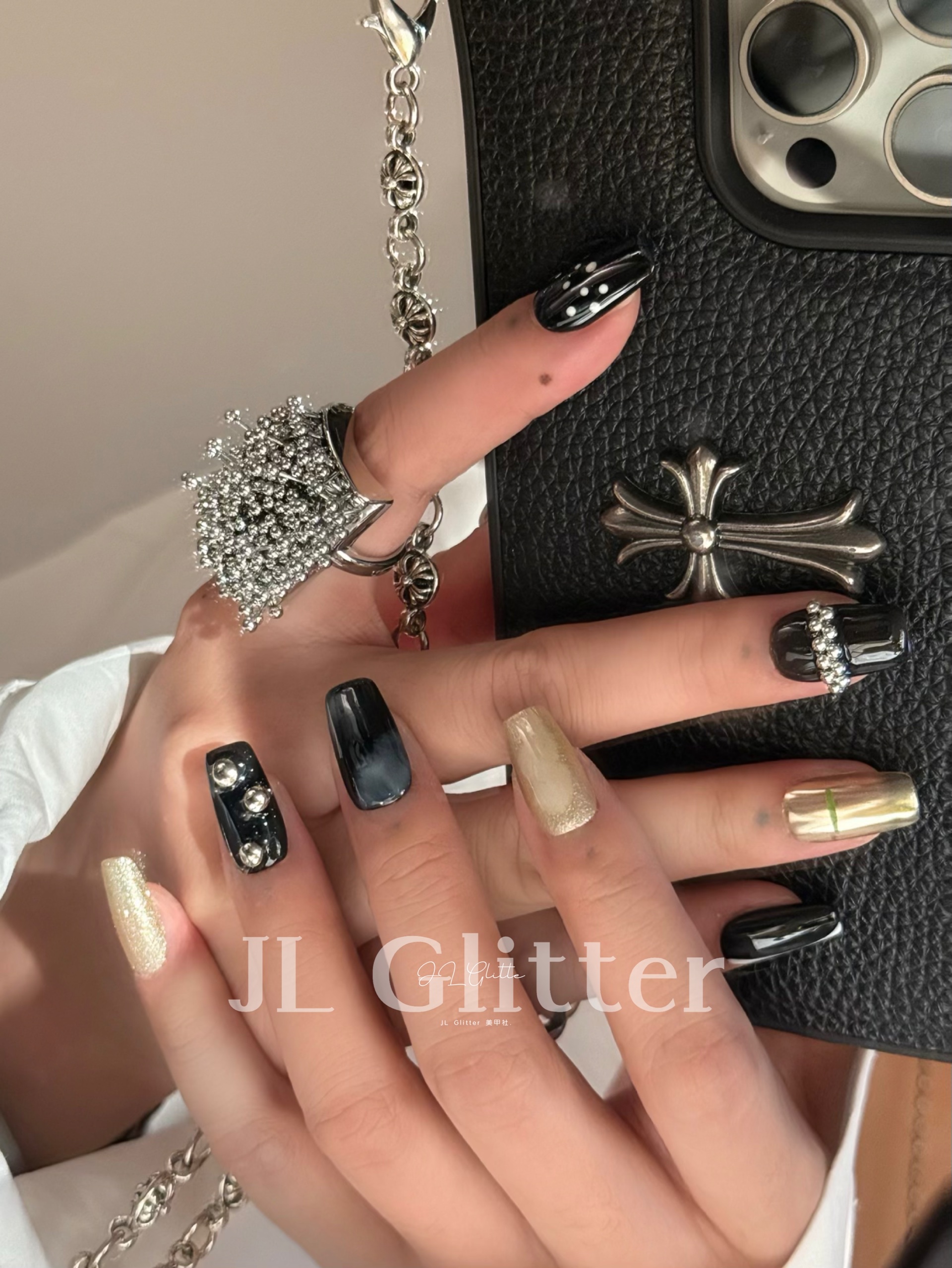JL Glitter Pure handcrafted wearable Nail, black niche metal nail art, high-end, fashionable, sweet and cool style wearable nail detail image 4