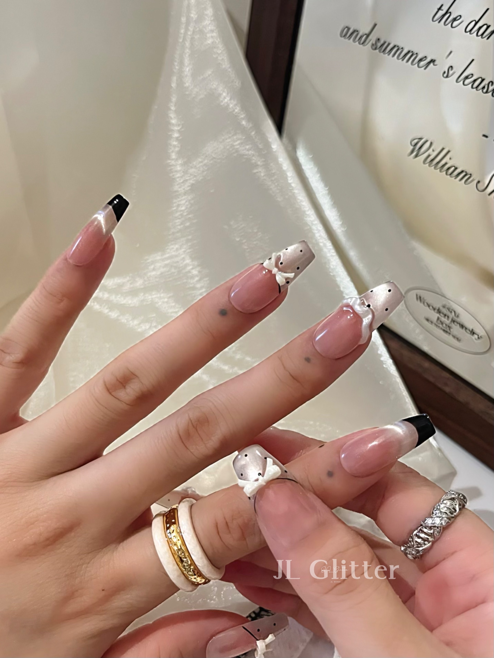 JL Glitter's elegant, handcrafted armor, French polka dot whitening nail art, gentle bow armor detail image 6