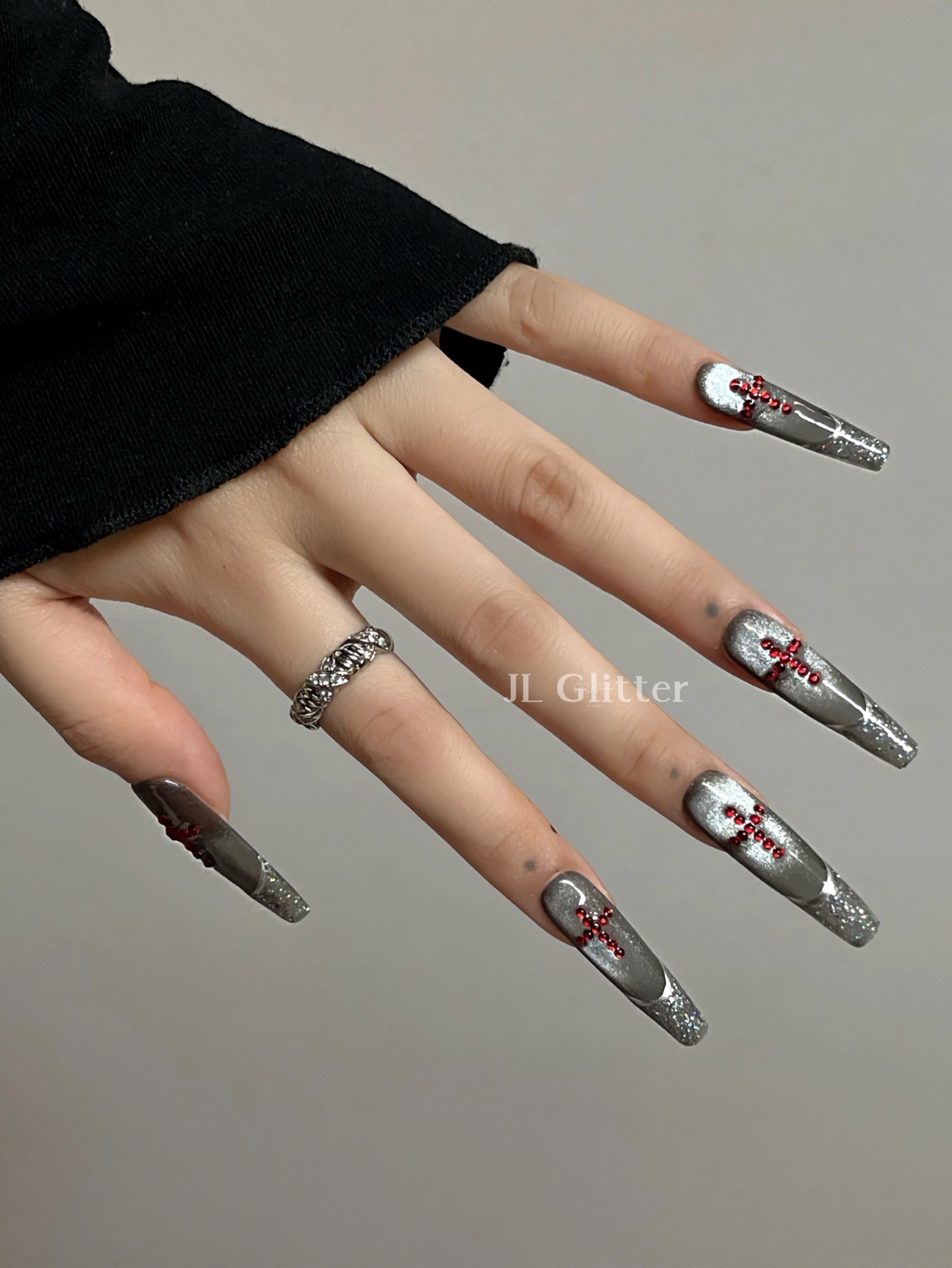 JL Glitter long handcrafted wearable armor Cross Cool Nail art unlock Dark and spicy French wearable armor Specification image