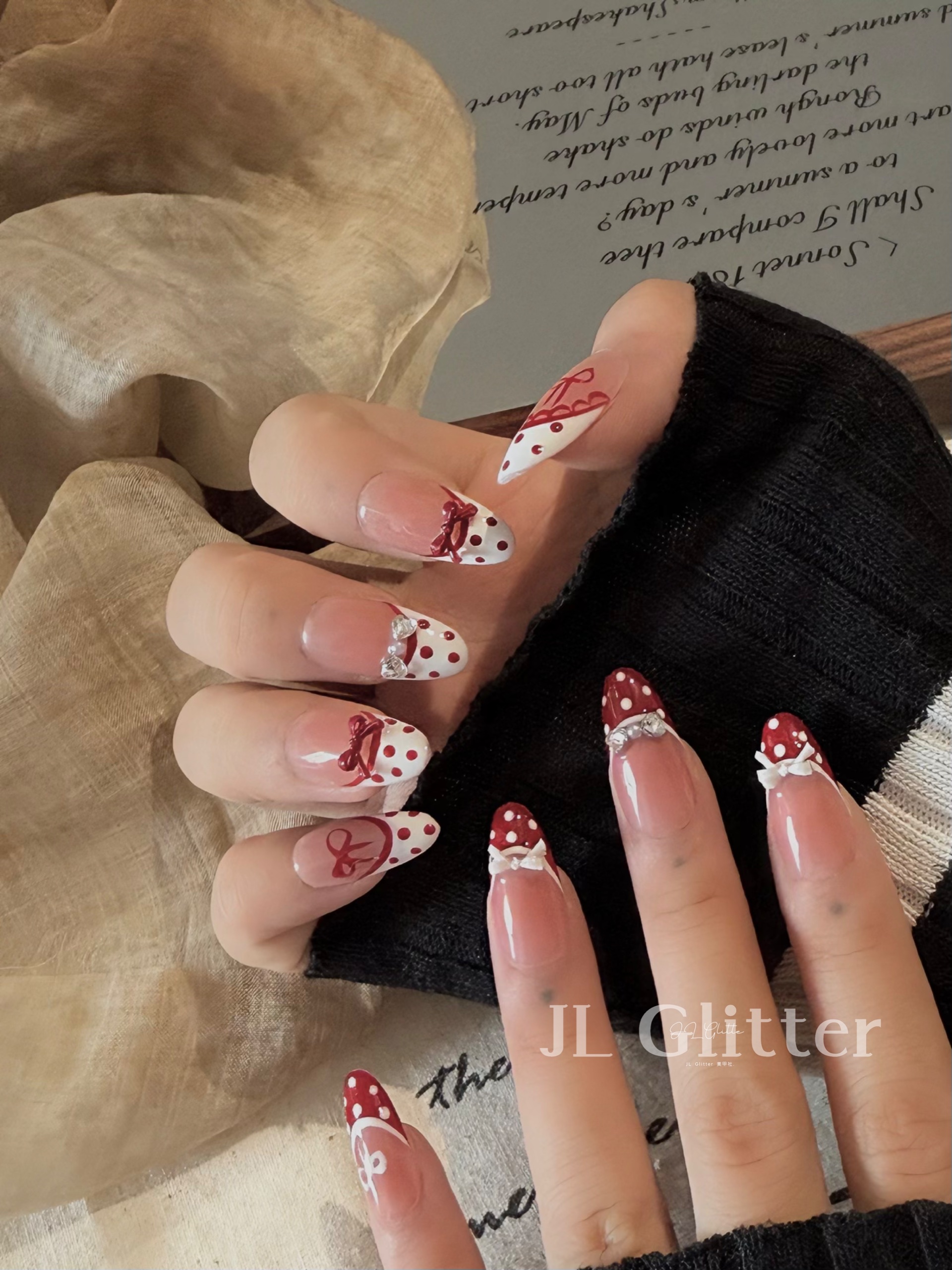 JL Glitter's new handcrafted wearable armor, French polka dot AB style nail bow wearable armor detail image 3