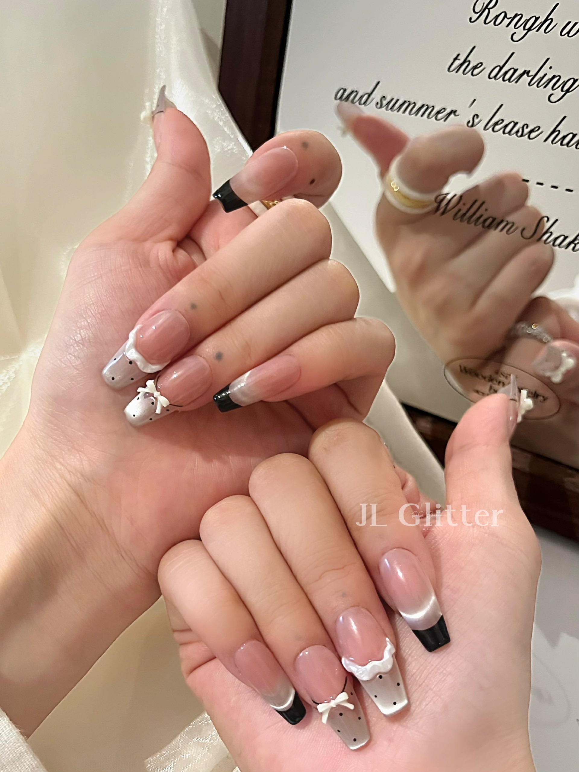 JL Glitter's elegant, handcrafted armor, French polka dot whitening nail art, gentle bow armor detail image 3