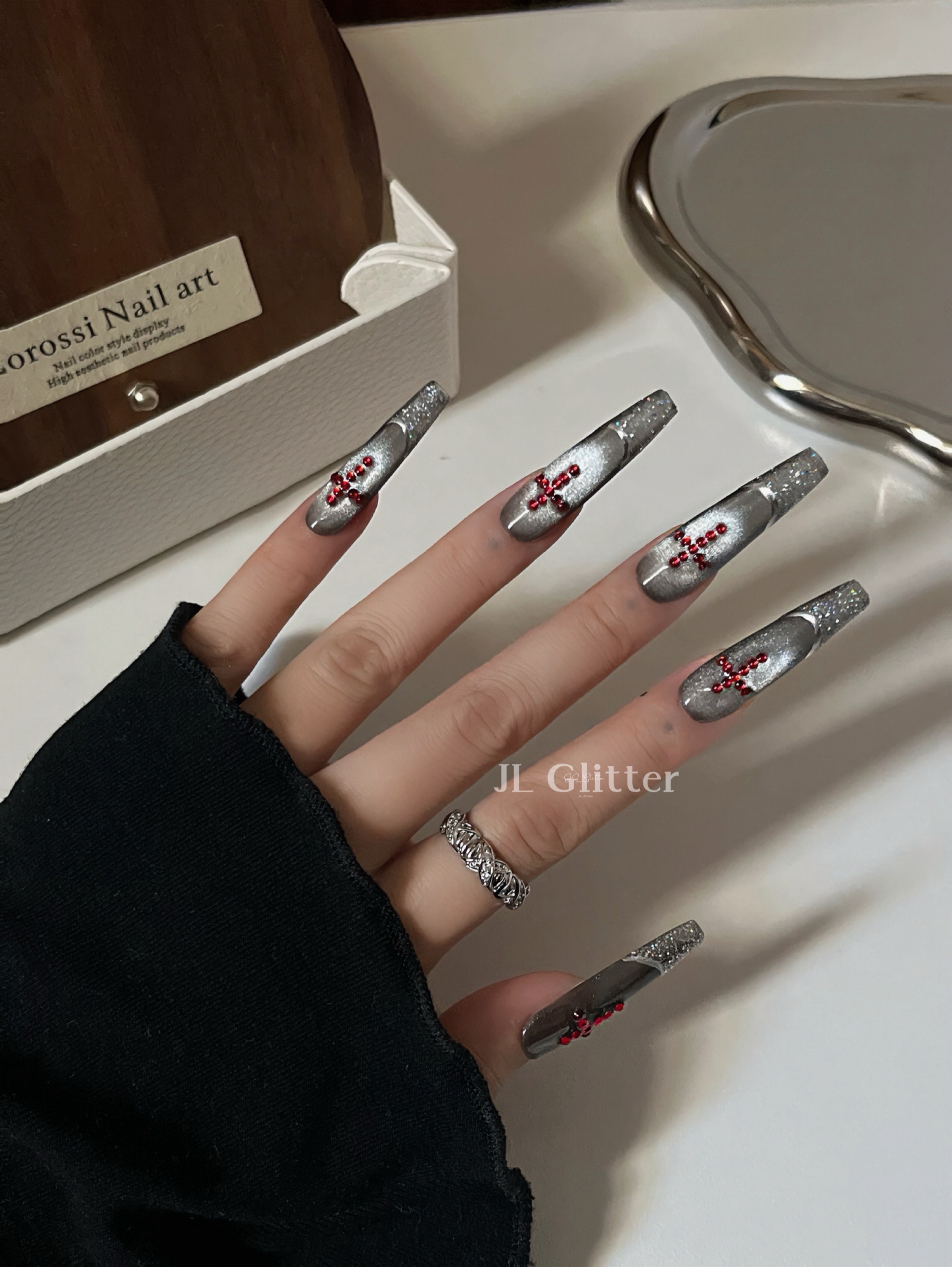 JL Glitter long handcrafted wearable armor Cross Cool Nail art unlock Dark and spicy French wearable armor detail image 6