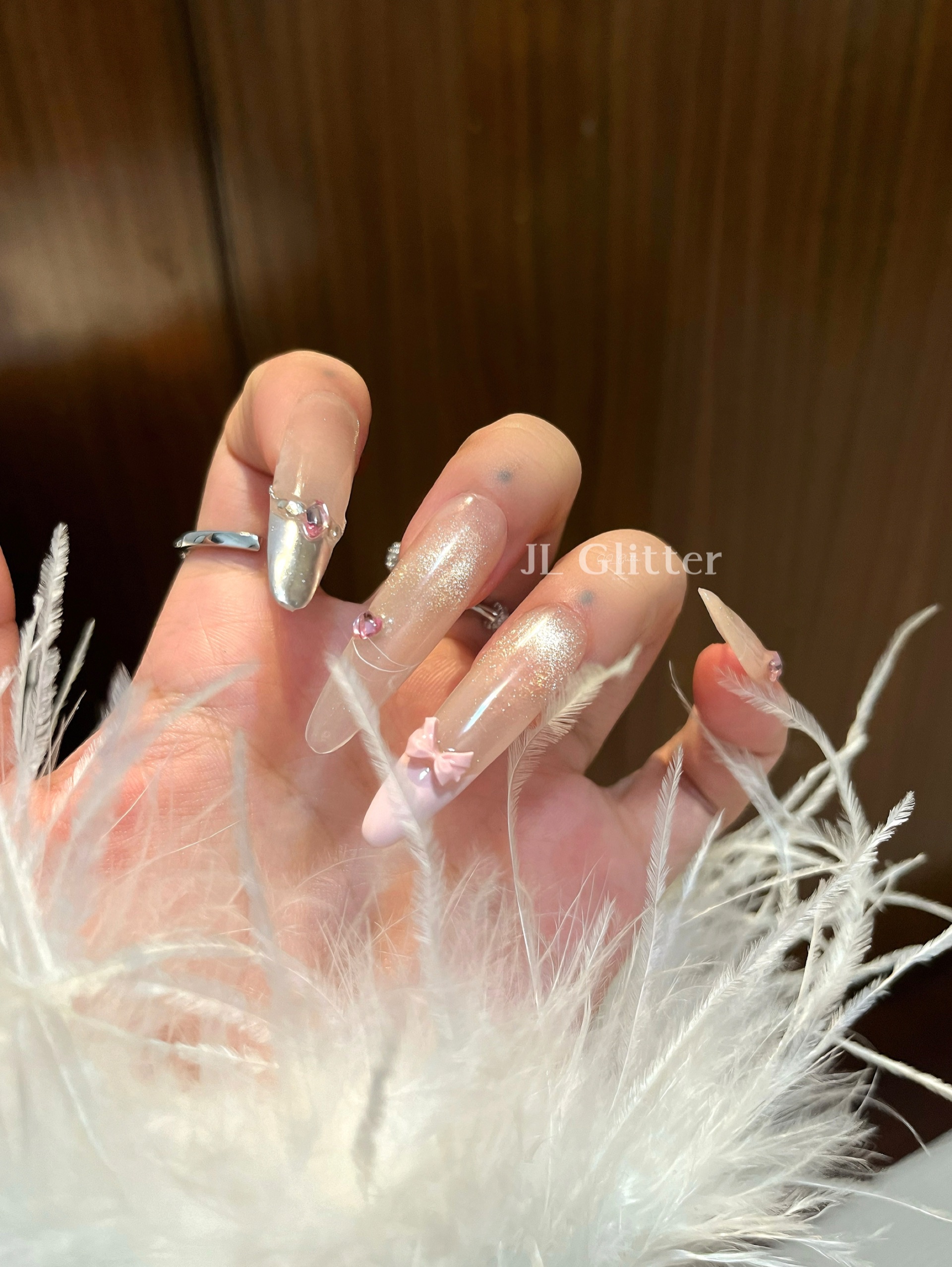 JL Glitter Gentle style pure handcrafted wearable nail design High-end nail art pink elegant cat-eye wearable nail Specification image