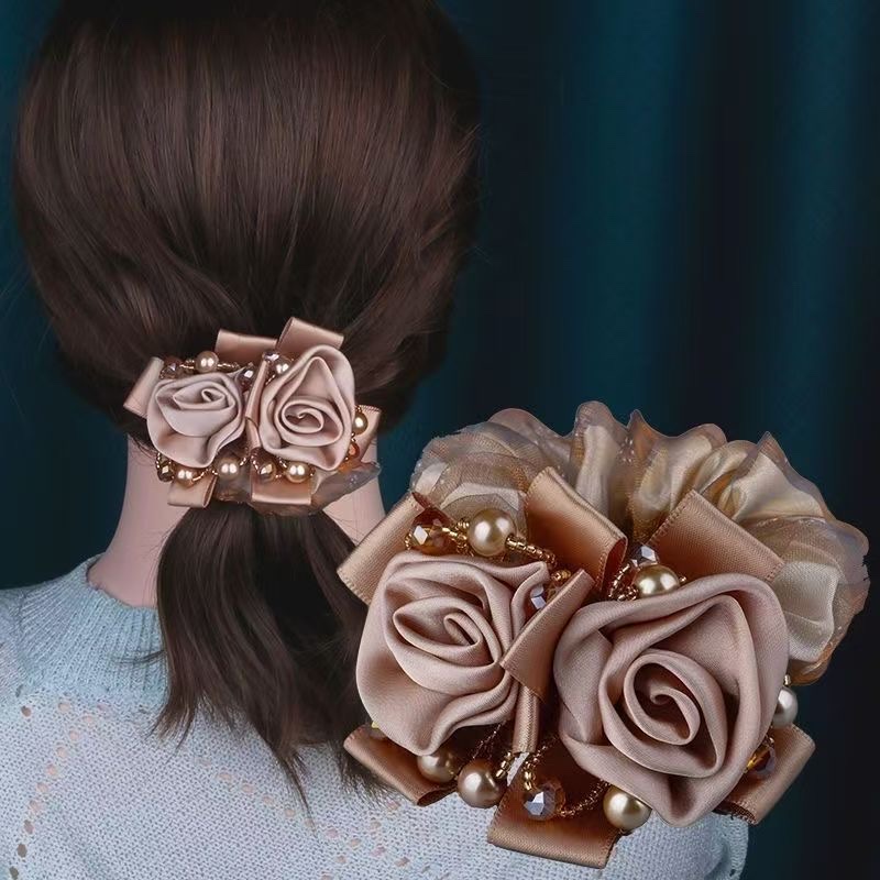 New style of flower hair tie, elegant large intestine hair band, summer mesh hair flower, hair tie, leather band, high-end updo hair accessory, versatile hair band accessory, hair tie, large intestine hair band