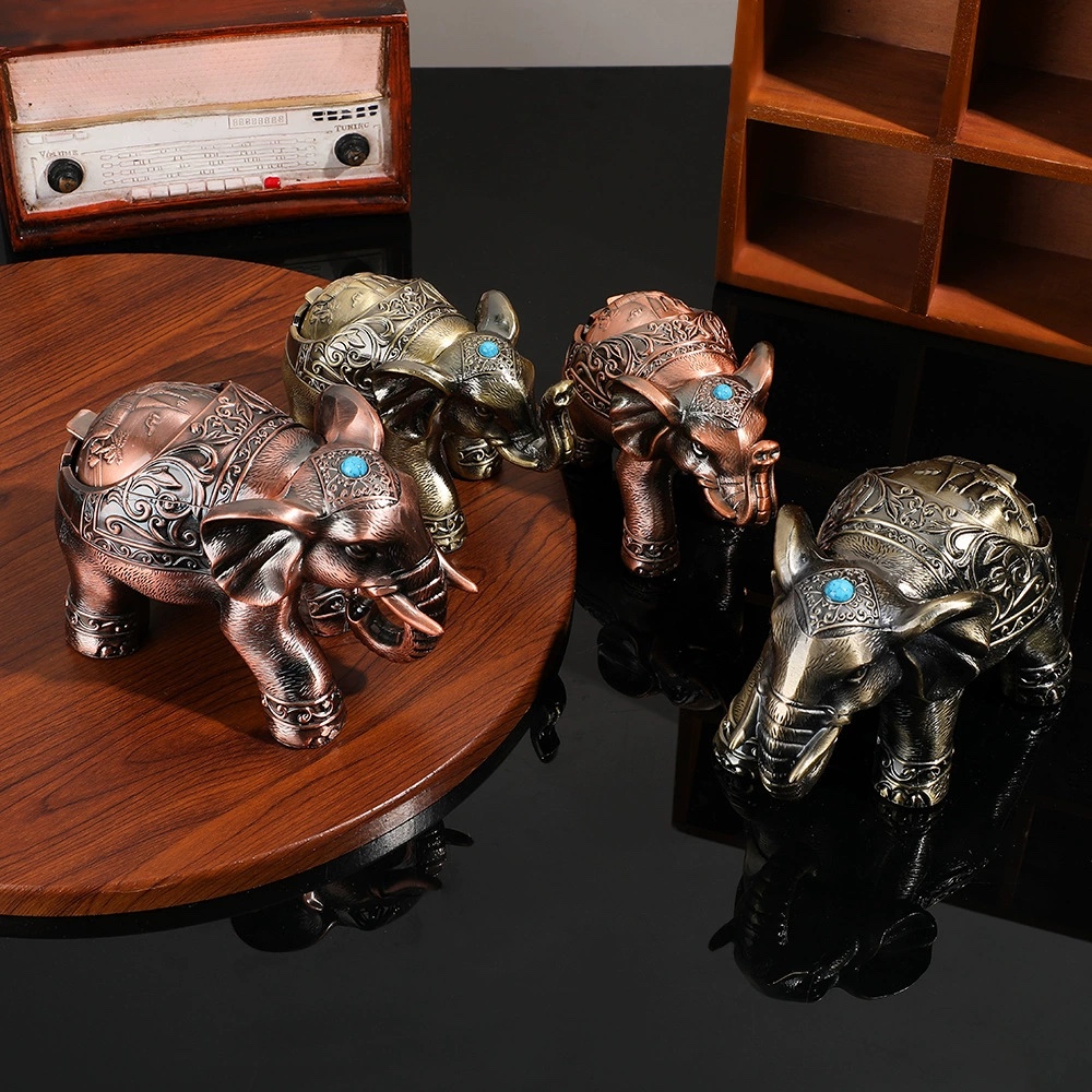 大象烟灰缸金属烟灰缸欧式大号带盖烟灰缸家用防飞灰烟灰缸摆件