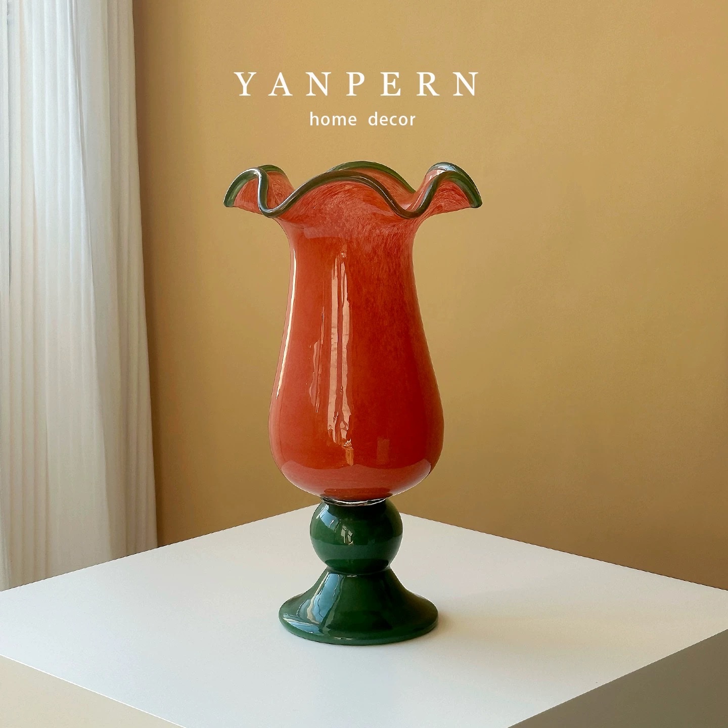 YANPERN vintage handcrafted glass vases for home living room decoration, high-footed flower-shaped glass flower vases