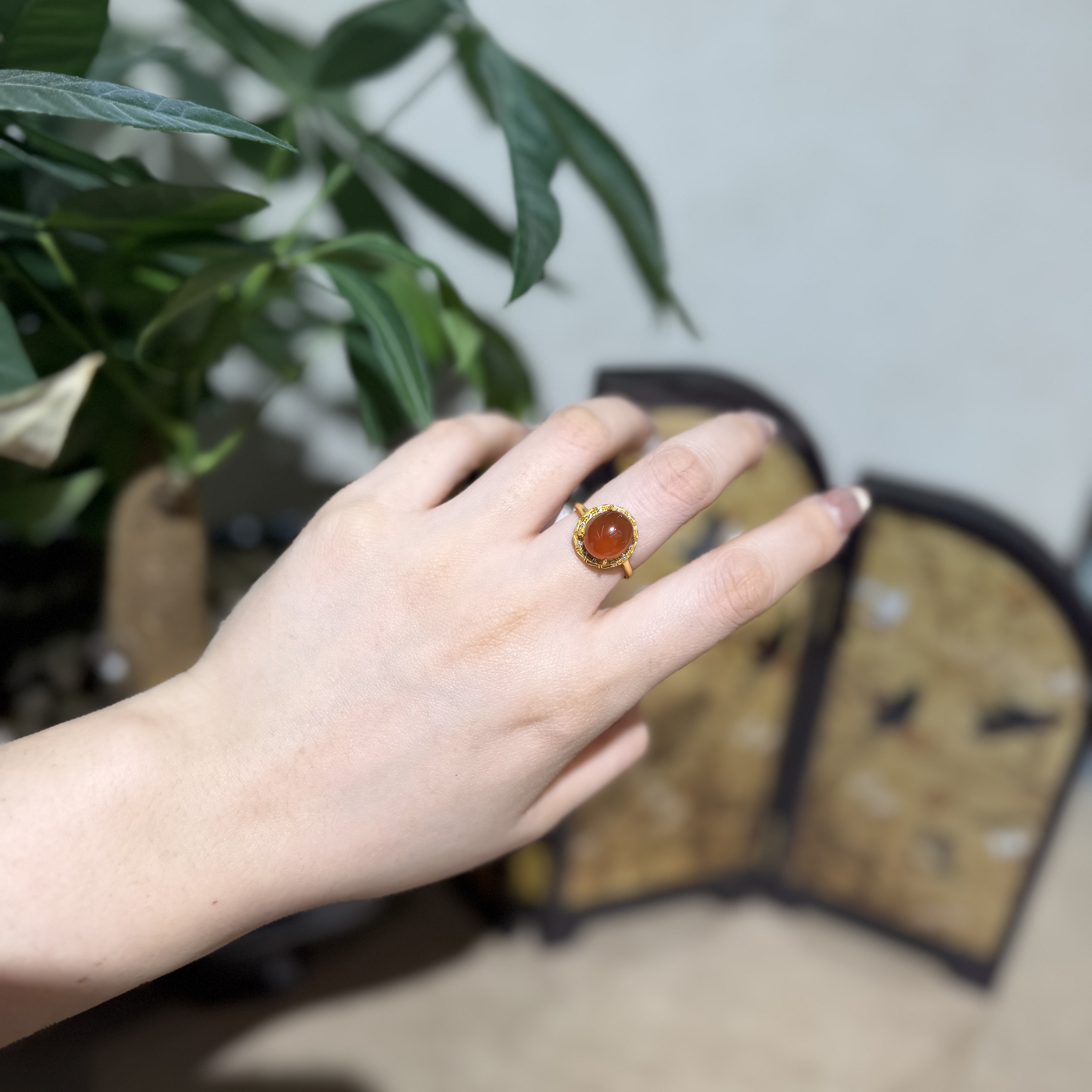 【一妃聚宝】天然南红戒指女新中式国风气质简约复古玉石开口戒详情图1